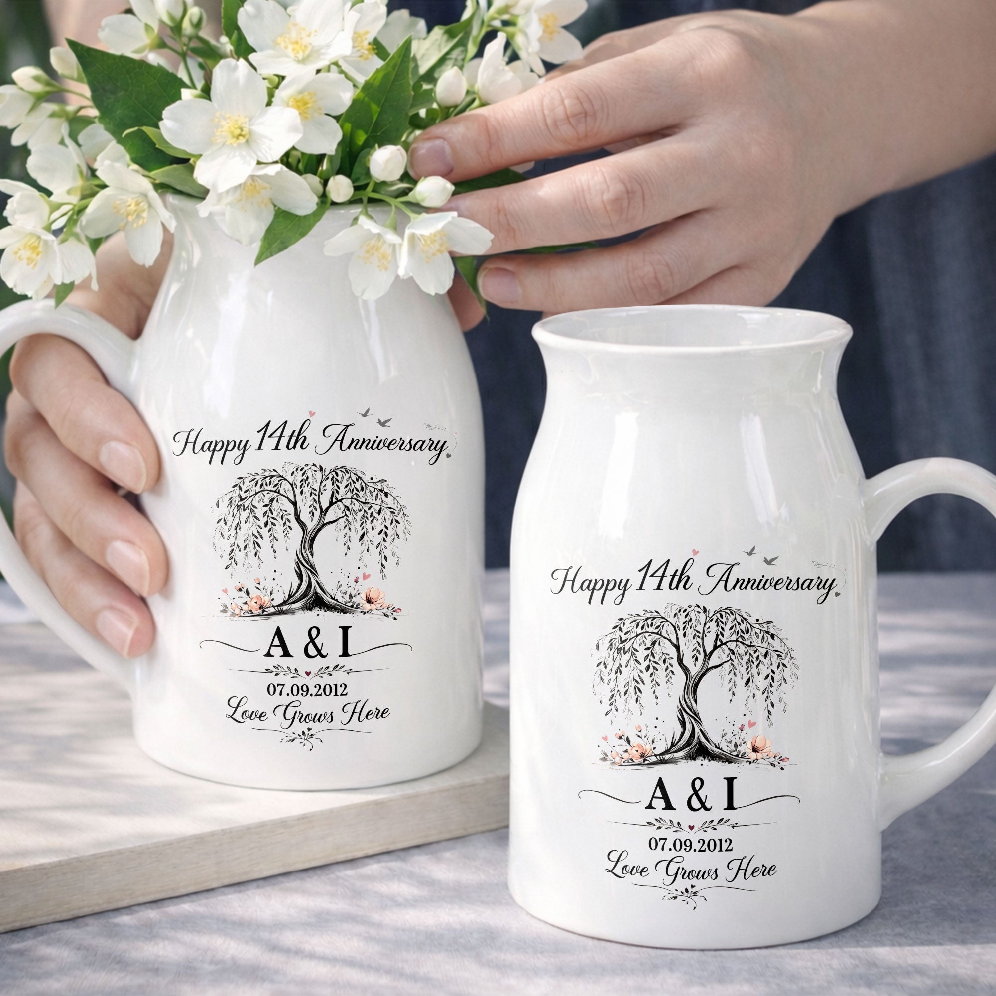 Happy Anniversary Love Grows Here Willow Tree And Flowers - Personalized Ceramic Flower Vase