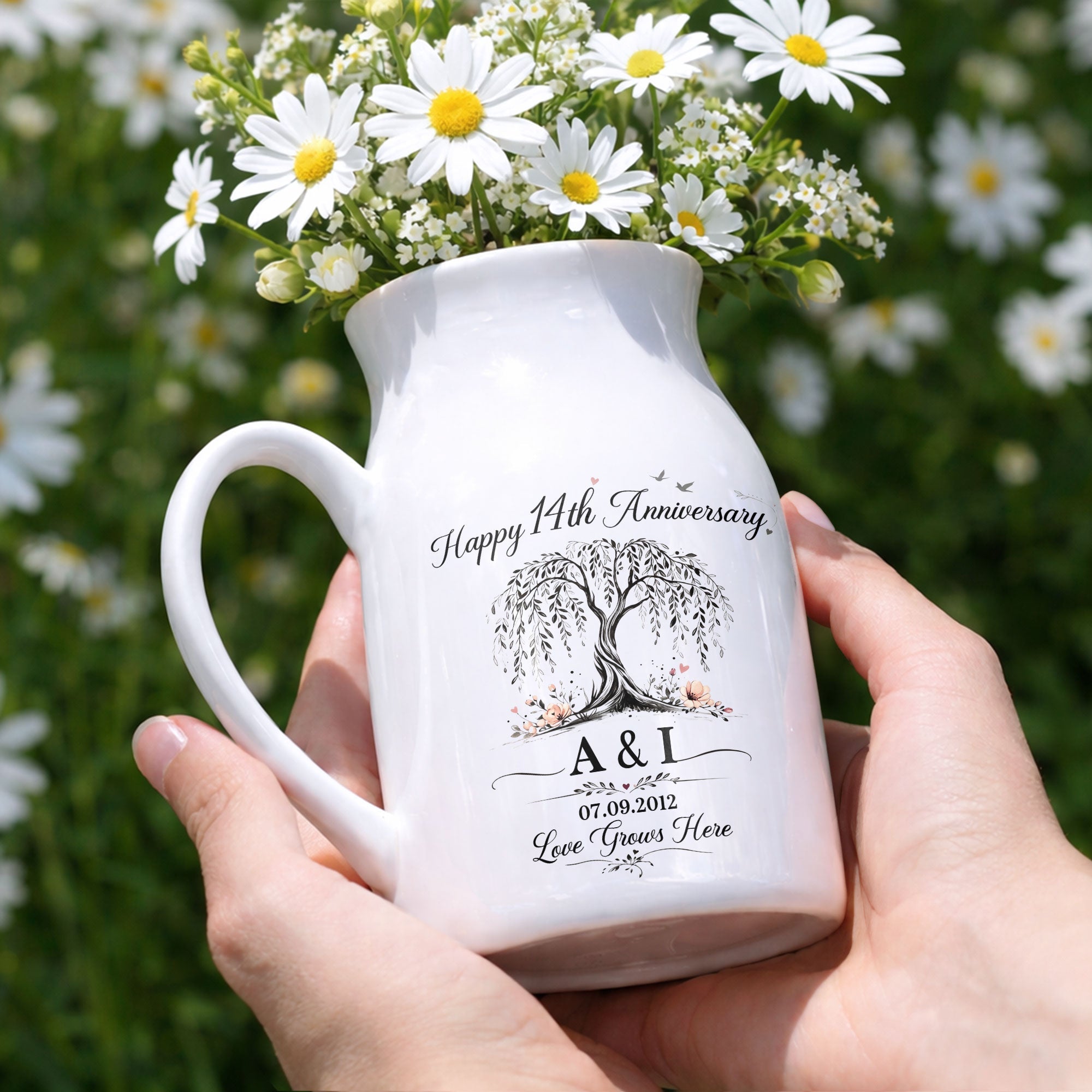 Happy Anniversary Love Grows Here Willow Tree And Flowers - Personalized Ceramic Flower Vase