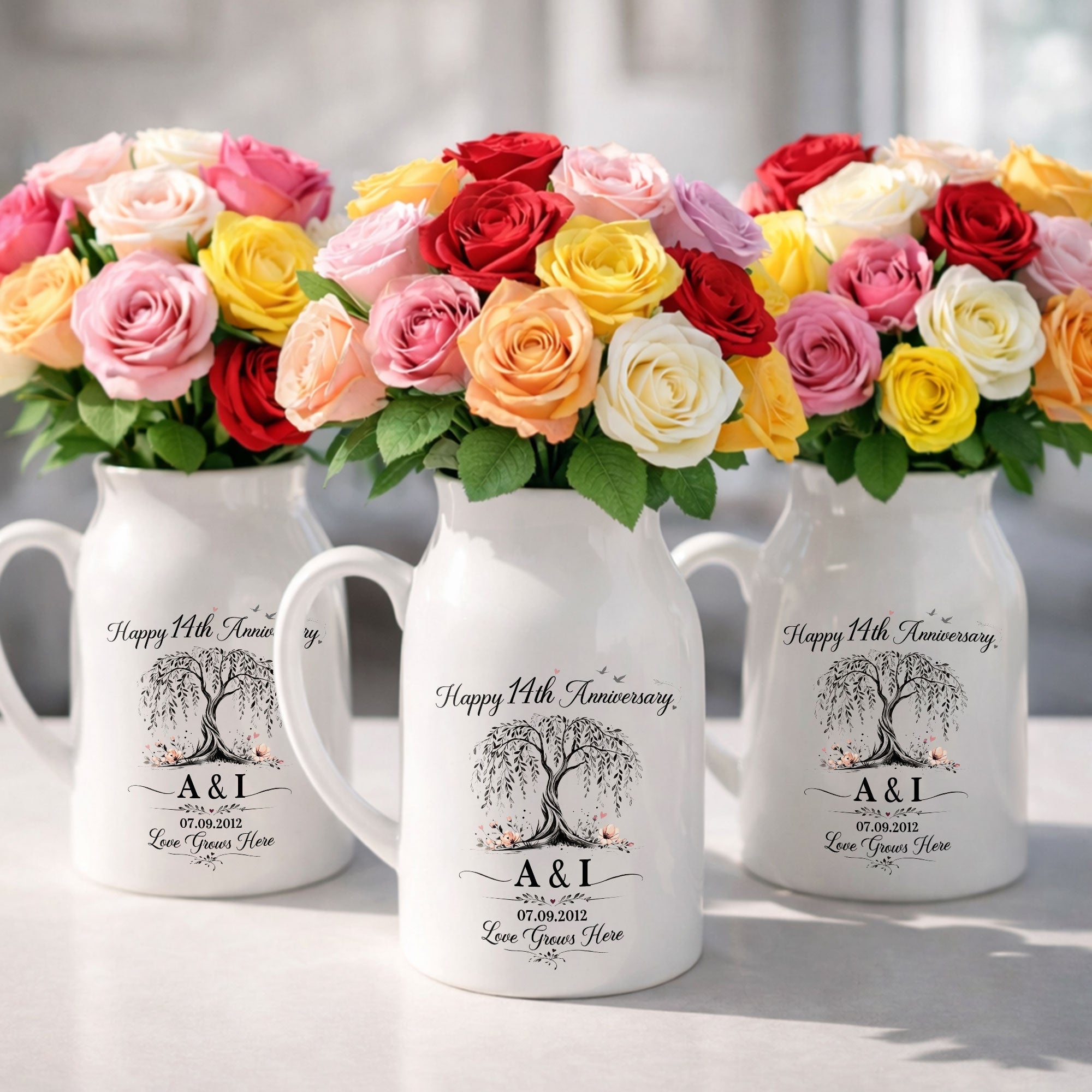 Happy Anniversary Love Grows Here Willow Tree And Flowers - Personalized Ceramic Flower Vase