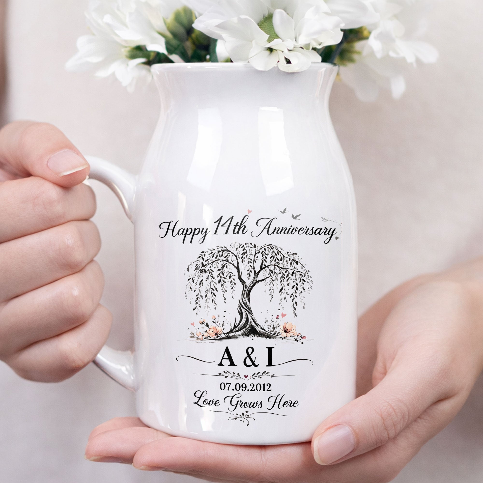 Happy Anniversary Love Grows Here Willow Tree And Flowers - Personalized Ceramic Flower Vase