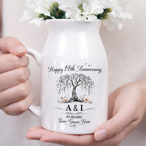 Happy Anniversary Love Grows Here Willow Tree And Flowers - Personalized Ceramic Flower Vase