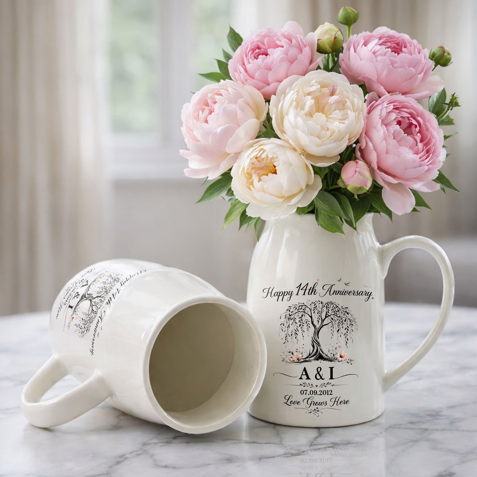 Happy Anniversary Love Grows Here Willow Tree And Flowers - Personalized Ceramic Flower Vase