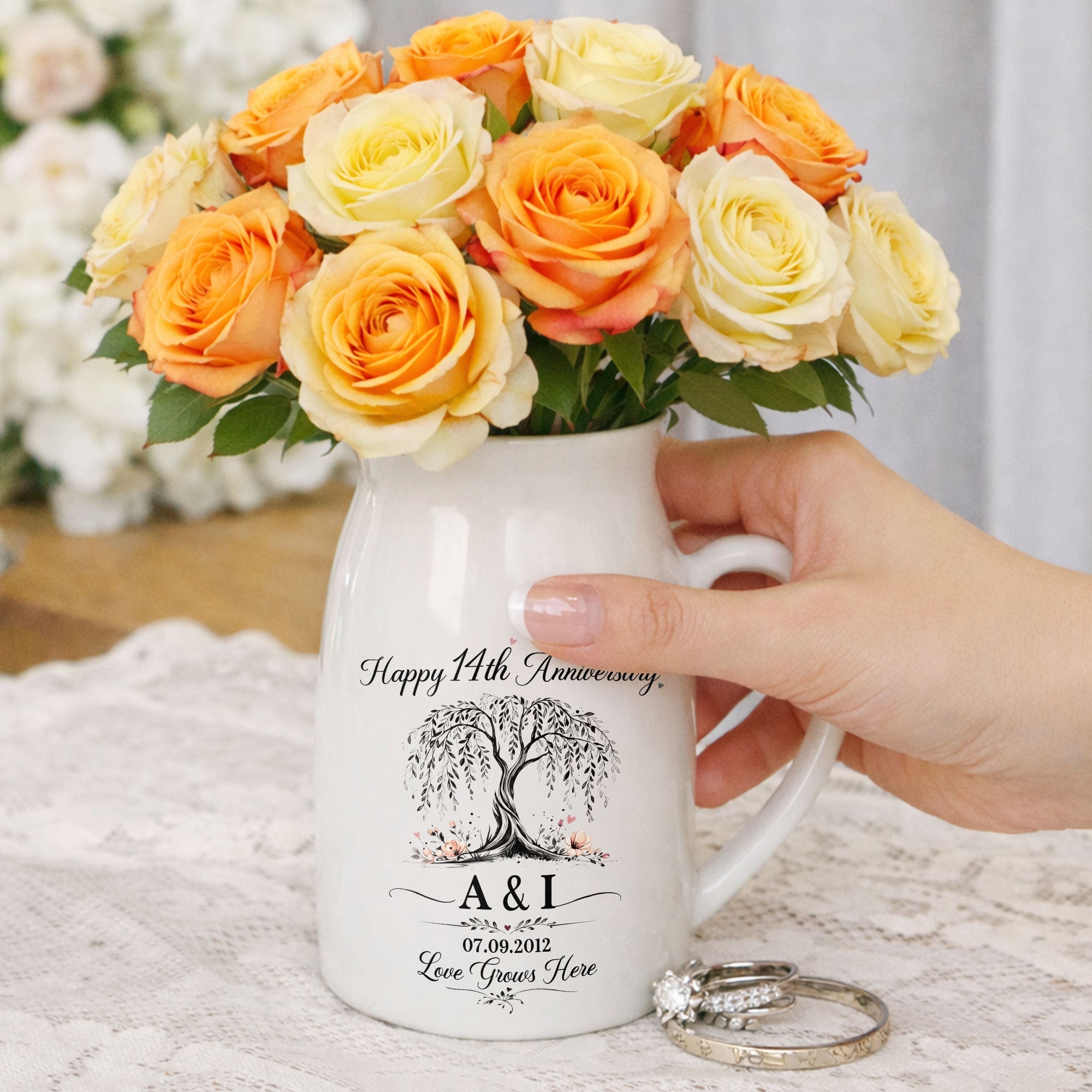 Happy Anniversary Love Grows Here Willow Tree And Flowers - Personalized Ceramic Flower Vase