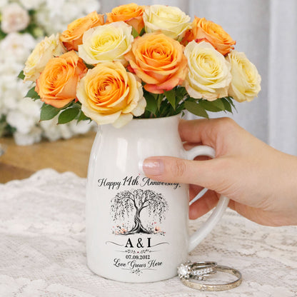 Happy Anniversary Love Grows Here Willow Tree And Flowers - Personalized Ceramic Flower Vase