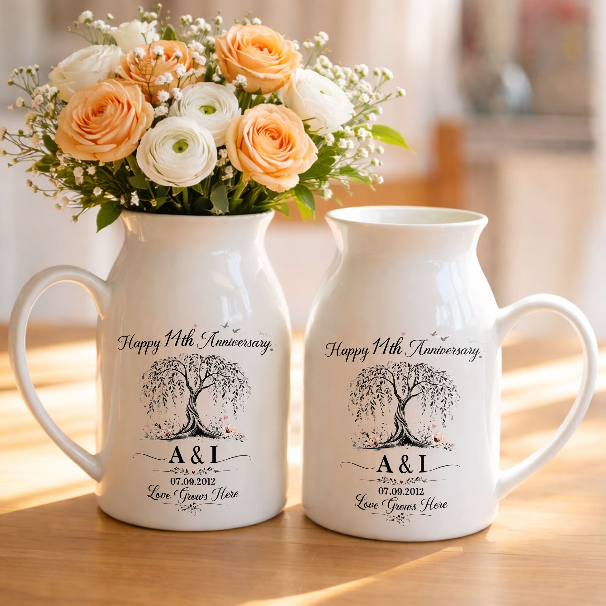 Happy Anniversary Love Grows Here Willow Tree And Flowers - Personalized Ceramic Flower Vase