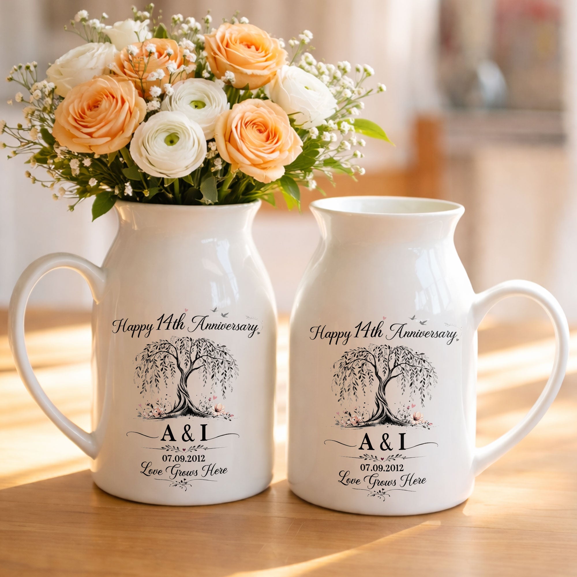 Happy Anniversary Love Grows Here Willow Tree And Flowers - Personalized Ceramic Flower Vase