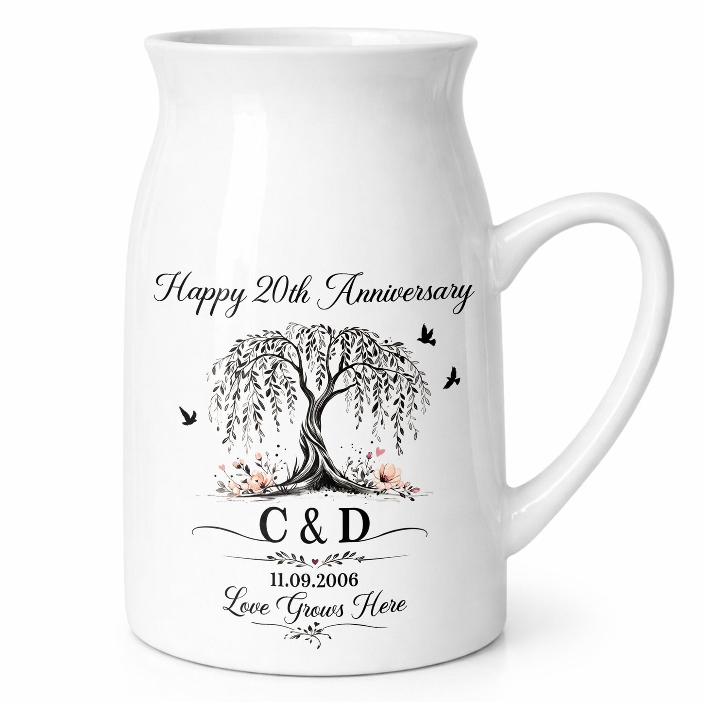 Happy Anniversary Love Grows Here Willow Tree And Birds - Personalized Ceramic Flower Vase