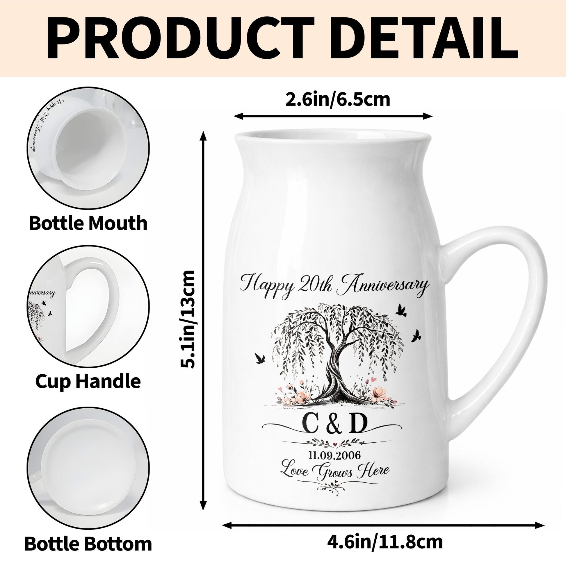 Happy Anniversary Love Grows Here Willow Tree And Birds - Personalized Ceramic Flower Vase