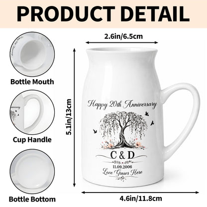 Happy Anniversary Love Grows Here Willow Tree And Birds - Personalized Ceramic Flower Vase