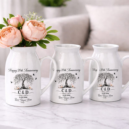 Happy Anniversary Love Grows Here Willow Tree And Birds - Personalized Ceramic Flower Vase
