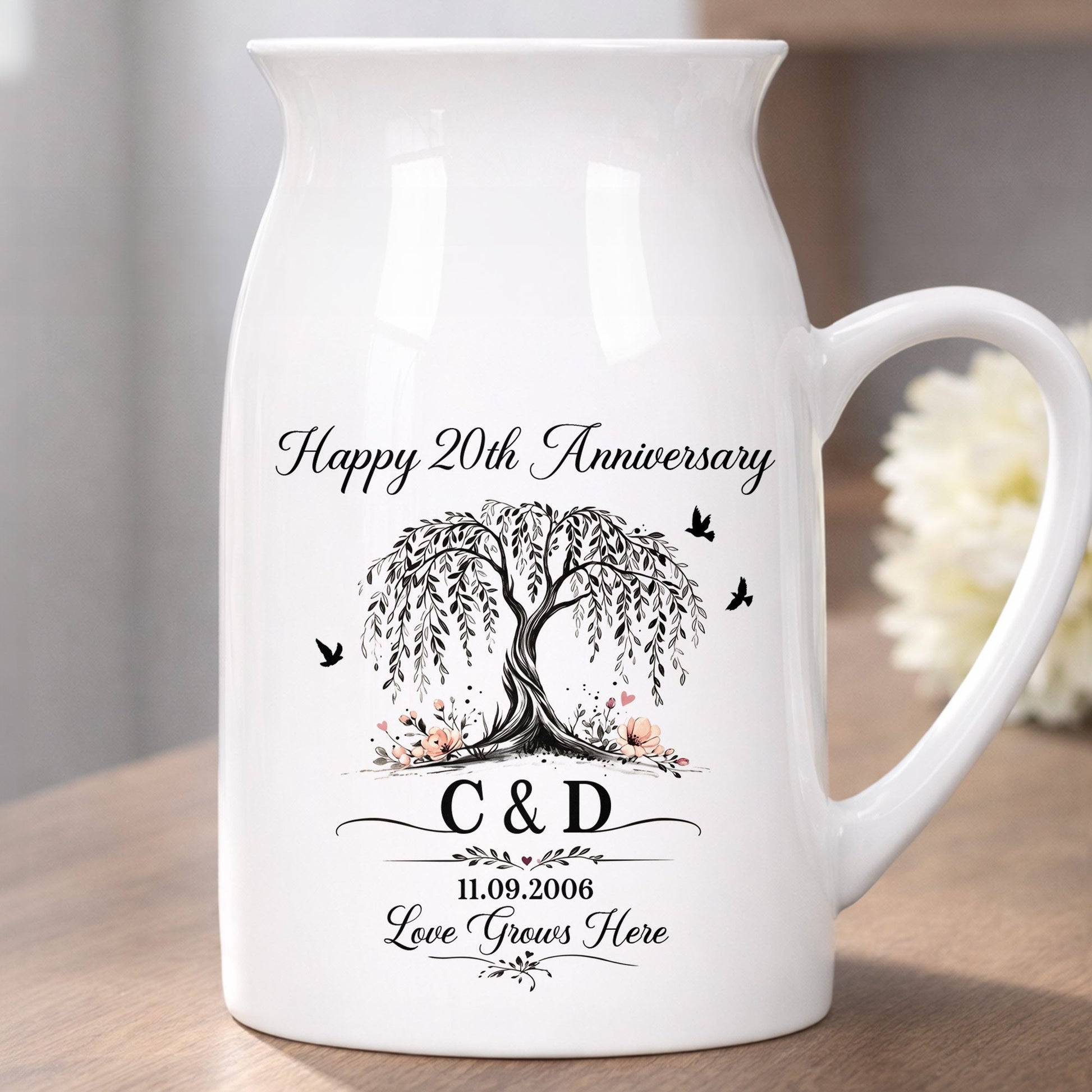 Happy Anniversary Love Grows Here Willow Tree And Birds - Personalized Ceramic Flower Vase