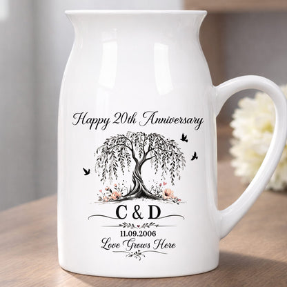 Happy Anniversary Love Grows Here Willow Tree And Birds - Personalized Ceramic Flower Vase