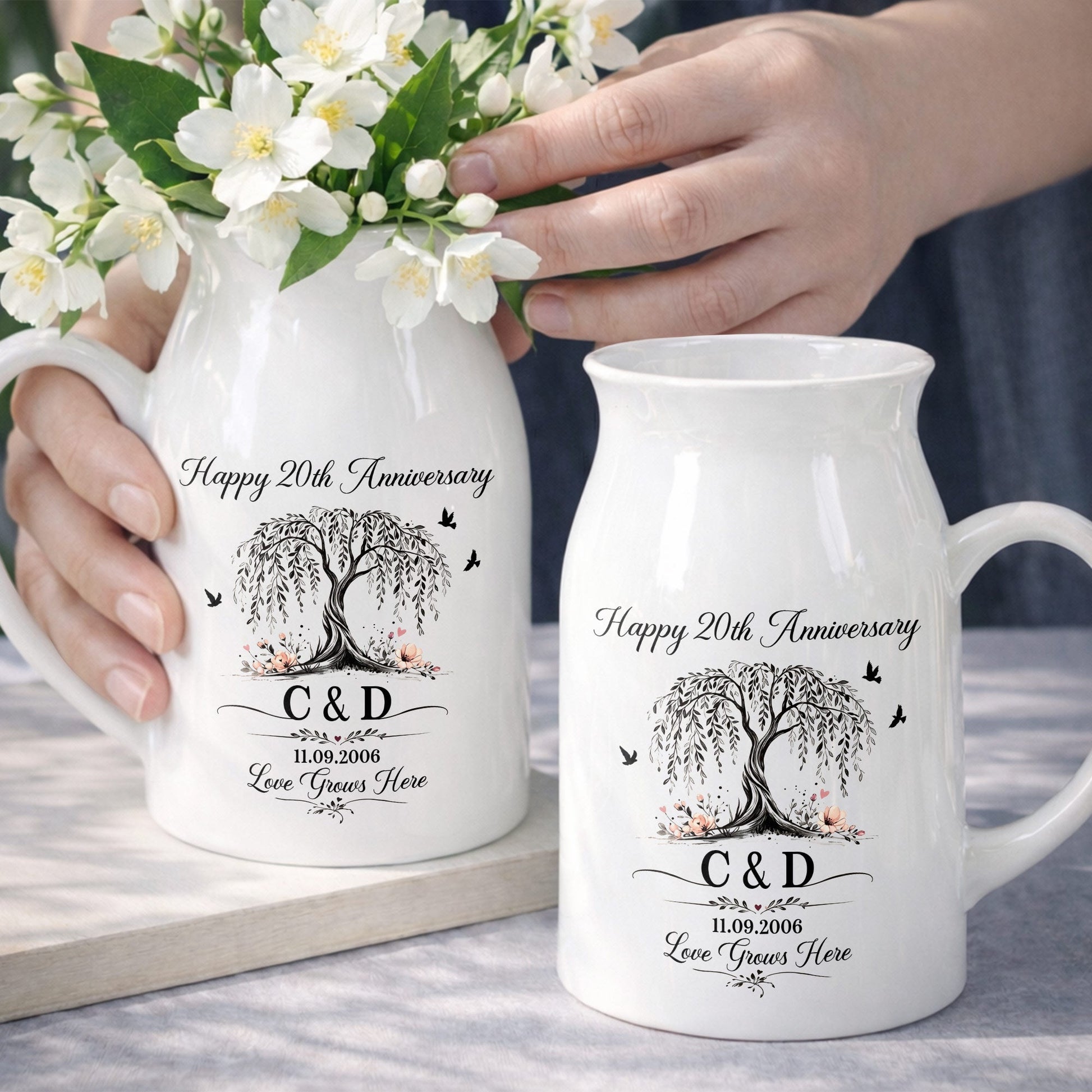 Happy Anniversary Love Grows Here Willow Tree And Birds - Personalized Ceramic Flower Vase