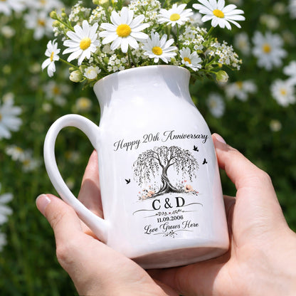 Happy Anniversary Love Grows Here Willow Tree And Birds - Personalized Ceramic Flower Vase