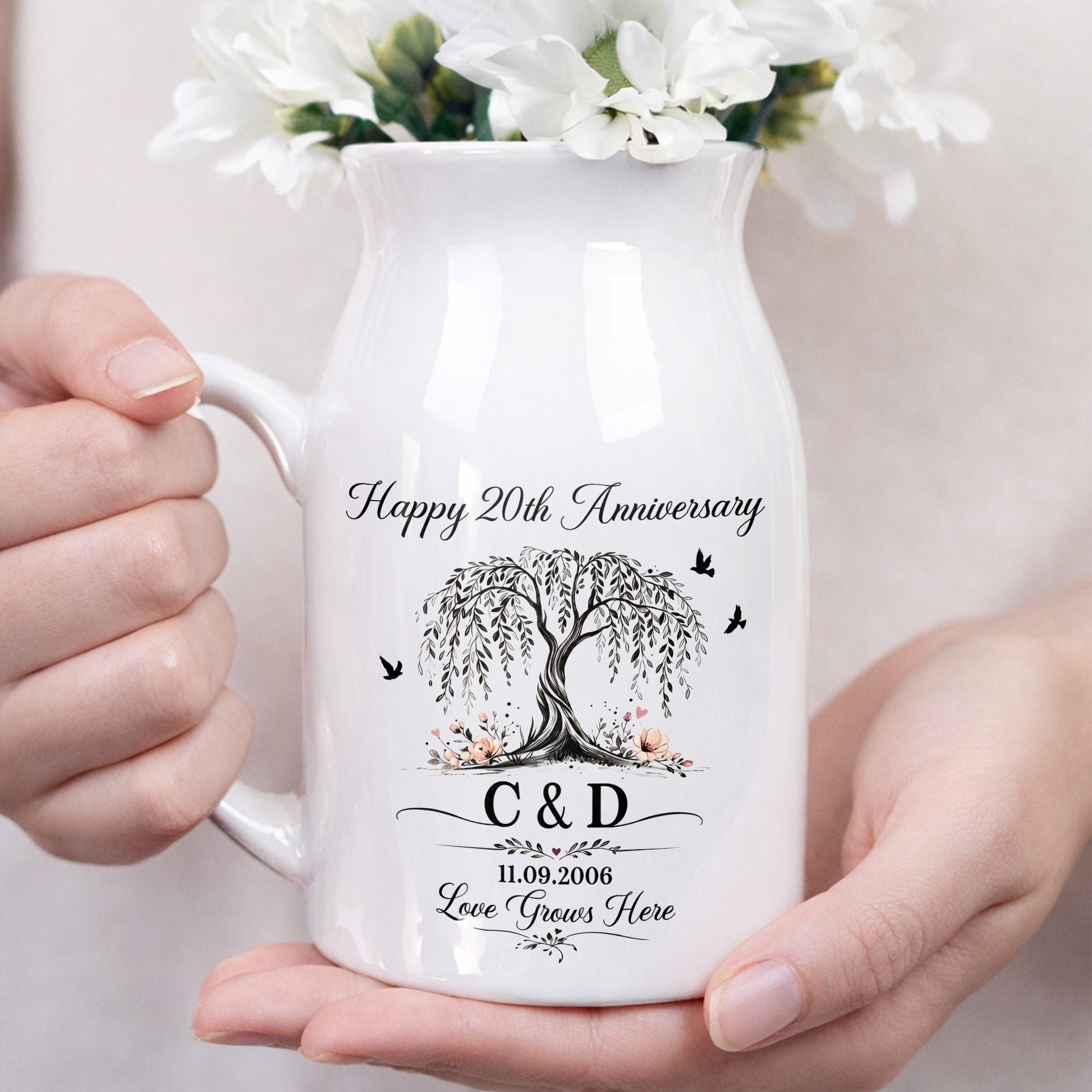 Happy Anniversary Love Grows Here Willow Tree And Birds - Personalized Ceramic Flower Vase