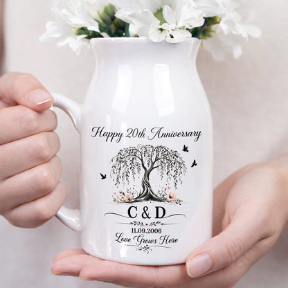 Happy Anniversary Love Grows Here Willow Tree And Birds - Personalized Ceramic Flower Vase