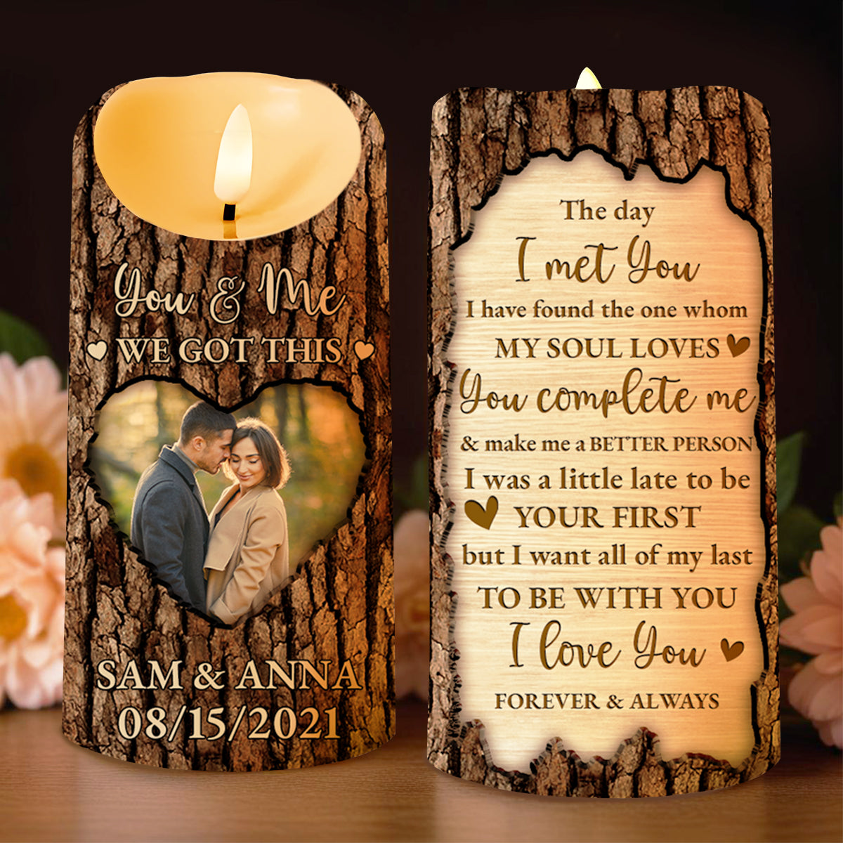 Soul Mate Love Declaration Engraved On Tree Bark Styled Candle - Personalized Custom LED Candle - CPL151_LECA