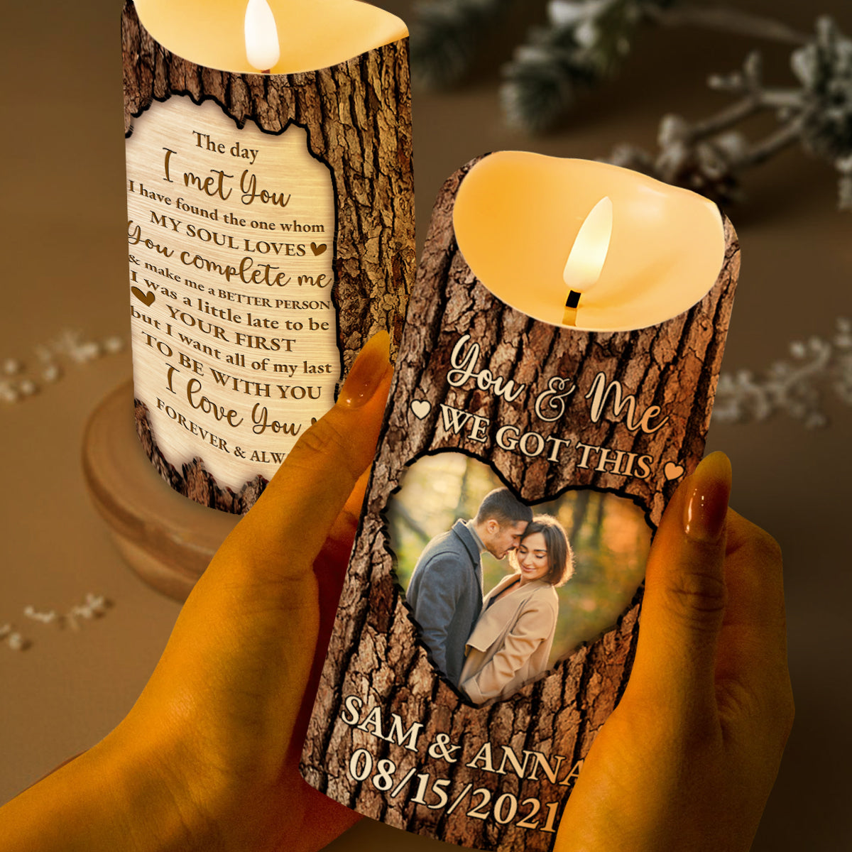 Soul Mate Love Declaration Engraved On Tree Bark Styled Candle - Personalized Custom LED Candle - CPL151_LECA
