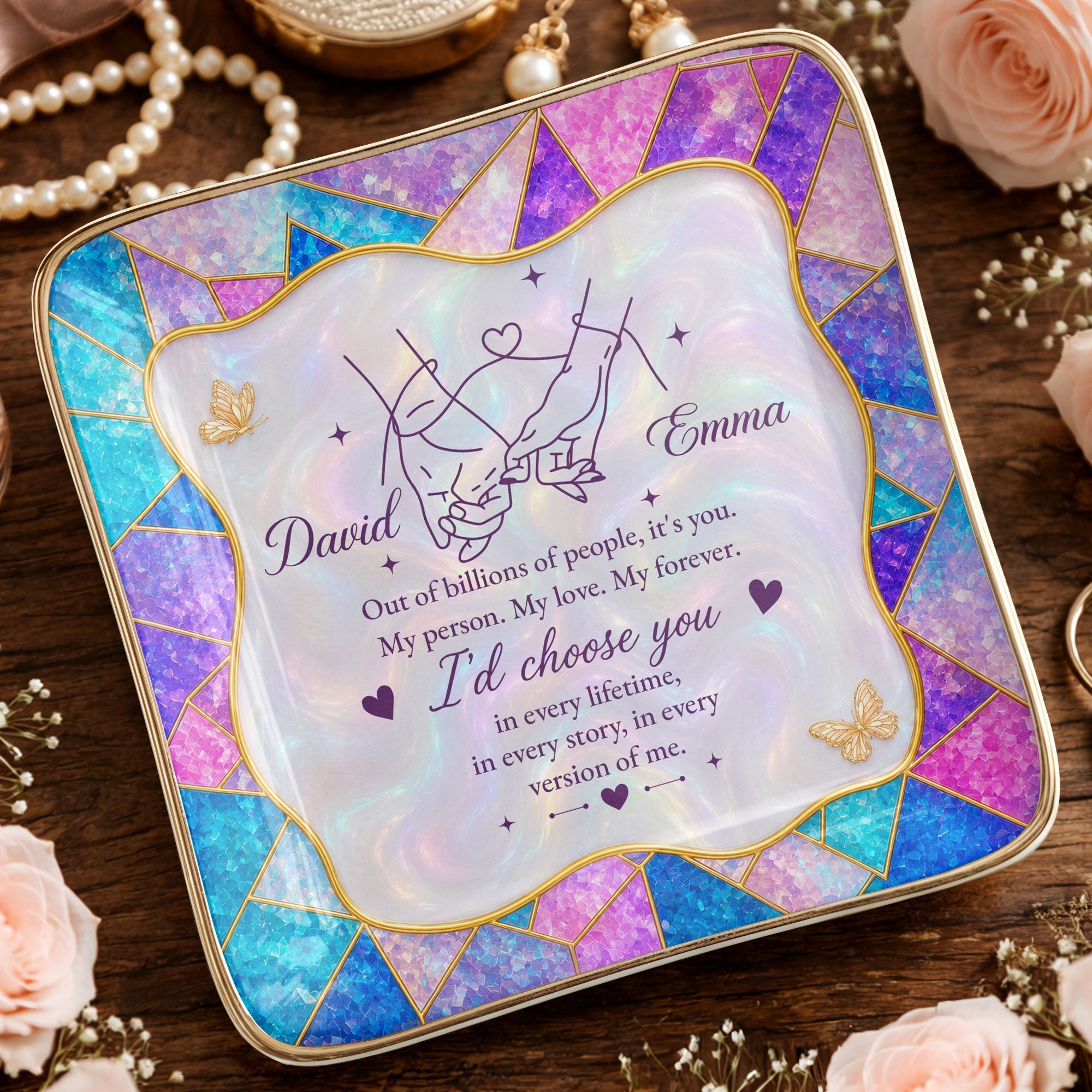 Out Of Billions Of People Holding Hands Stained Glass - Personalized Custom Jewelry Dish, Ceramic Dish, Square Shape - CPL1584_SCRF