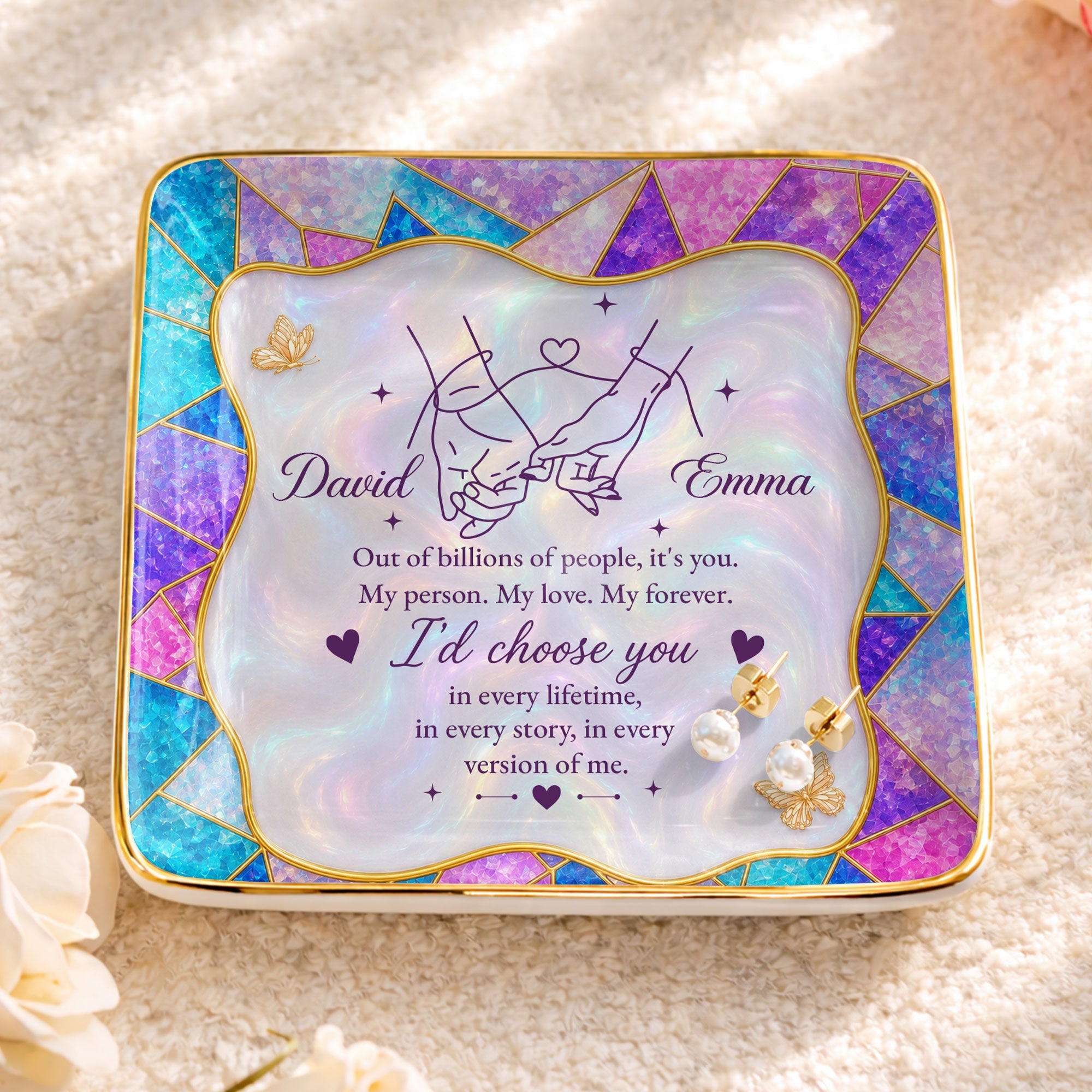 Out Of Billions Of People Holding Hands Stained Glass - Personalized Custom Jewelry Dish, Ceramic Dish, Square Shape - CPL1584_SCRF