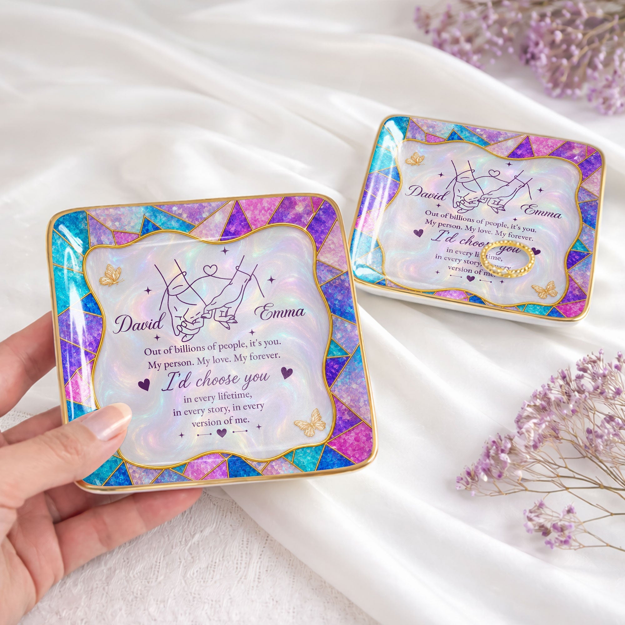 Out Of Billions Of People Holding Hands Stained Glass - Personalized Custom Jewelry Dish, Ceramic Dish, Square Shape - CPL1584_SCRF