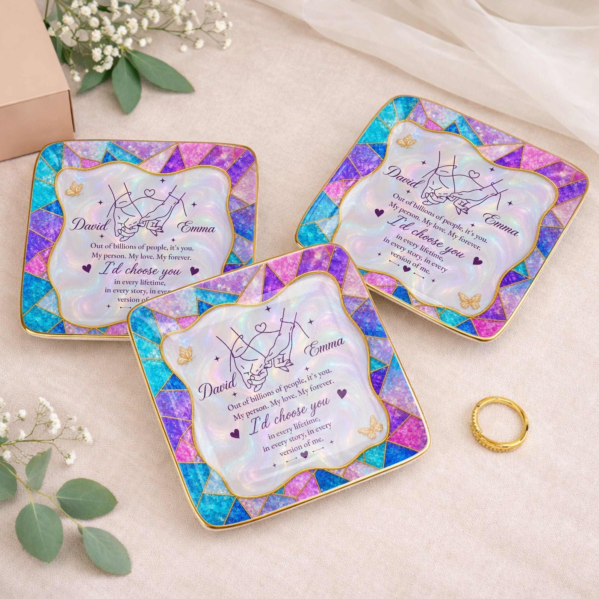 Out Of Billions Of People Holding Hands Stained Glass - Personalized Custom Jewelry Dish, Ceramic Dish, Square Shape - CPL1584_SCRF