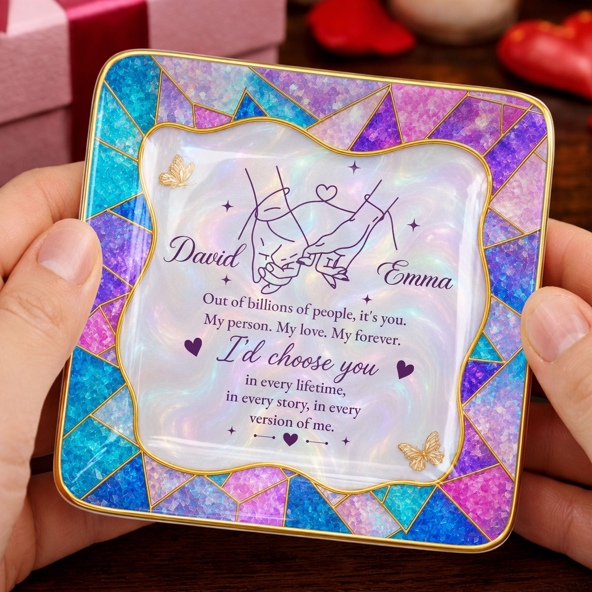 Out Of Billions Of People Holding Hands Stained Glass - Personalized Custom Jewelry Dish, Ceramic Dish, Square Shape - CPL1584_SCRF