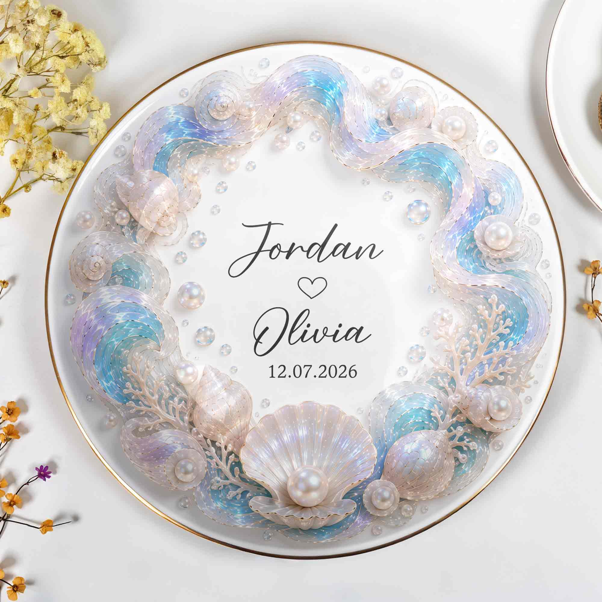 A Love As Deep As The Ocean Seashells Pearls And Waves - Personalized Custom Jewelry Dish, Ceramic Dish, Round Shape - CPL1635_RCRF
