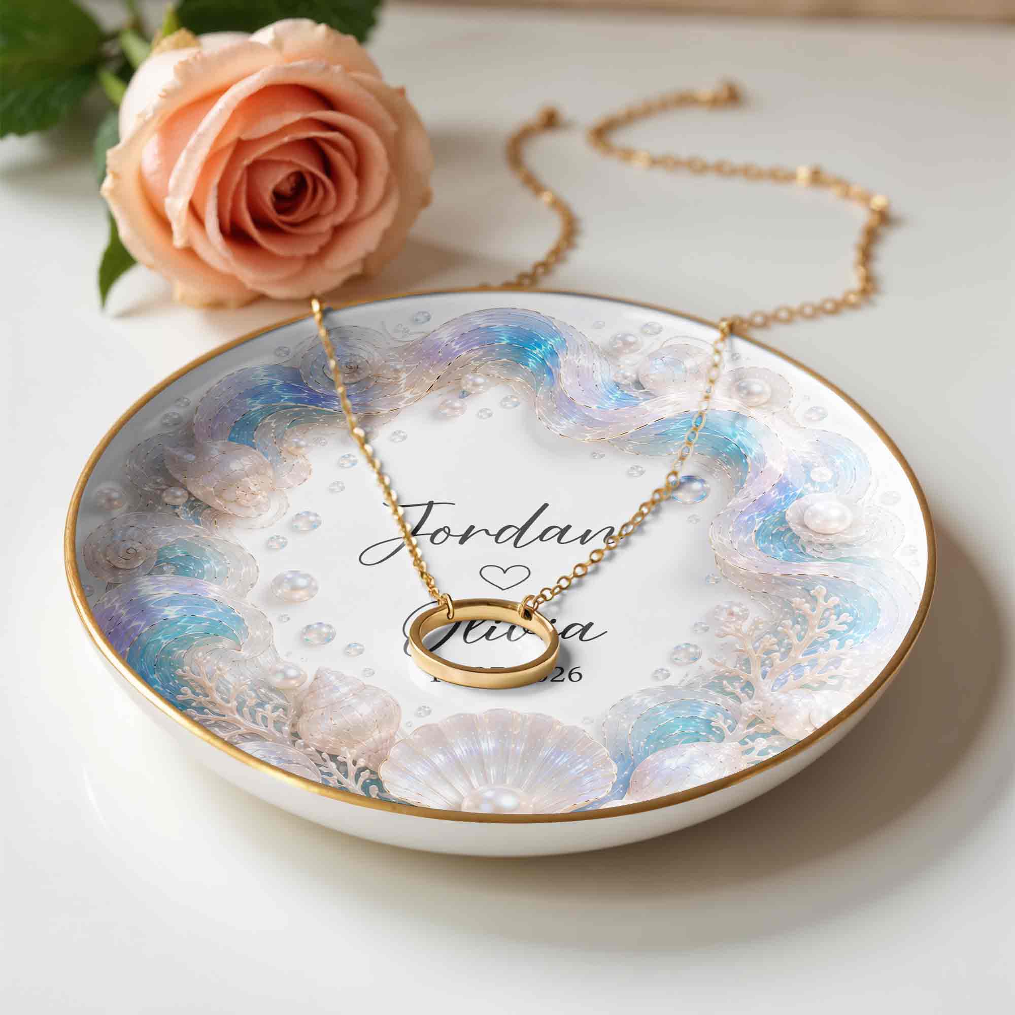 A Love As Deep As The Ocean Seashells Pearls And Waves - Personalized Custom Jewelry Dish, Ceramic Dish, Round Shape - CPL1635_RCRF