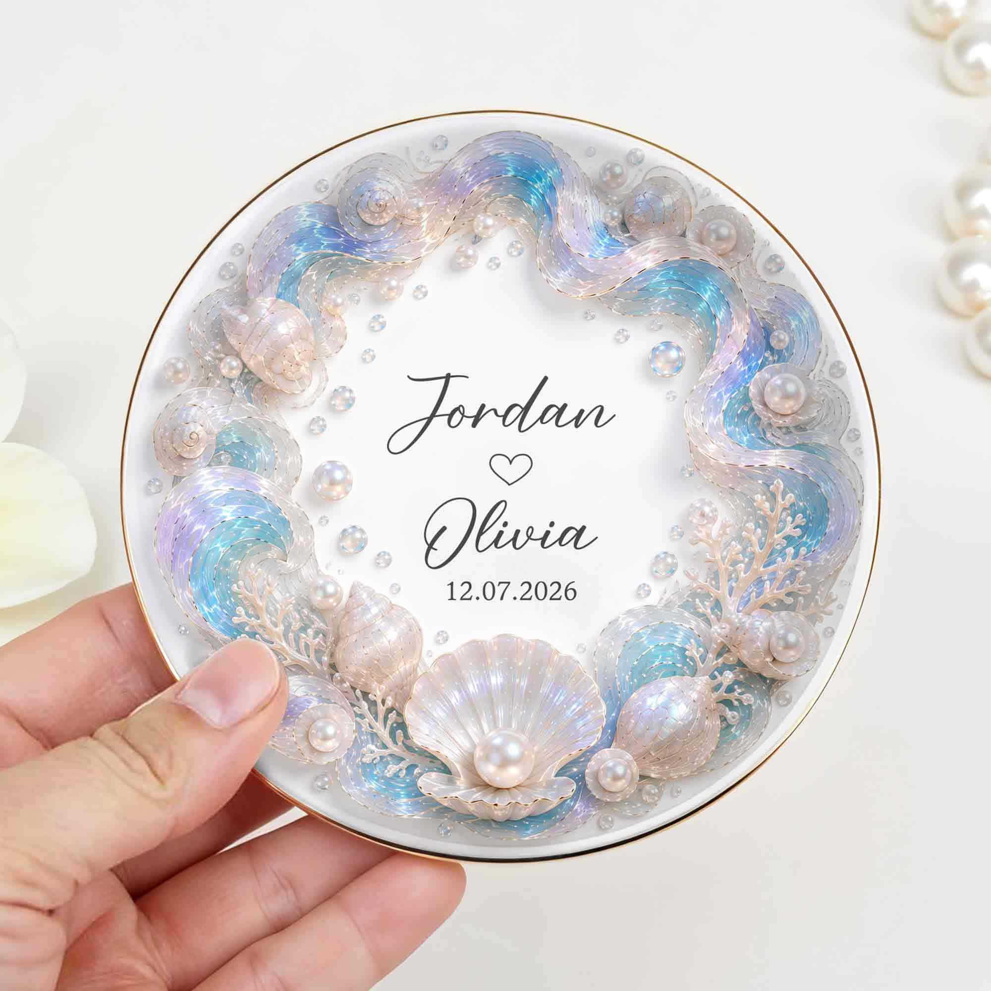 A Love As Deep As The Ocean Seashells Pearls And Waves - Personalized Custom Jewelry Dish, Ceramic Dish, Round Shape - CPL1635_RCRF