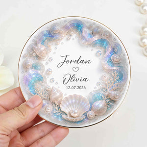 A Love As Deep As The Ocean Seashells Pearls And Waves - Personalized Custom Jewelry Dish, Ceramic Dish, Round Shape - CPL1635_RCRF