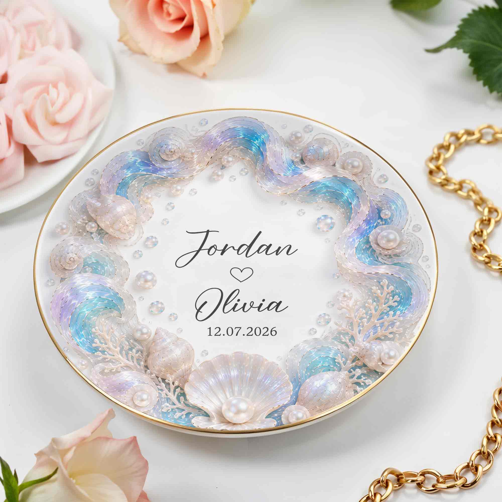 A Love As Deep As The Ocean Seashells Pearls And Waves - Personalized Custom Jewelry Dish, Ceramic Dish, Round Shape - CPL1635_RCRF
