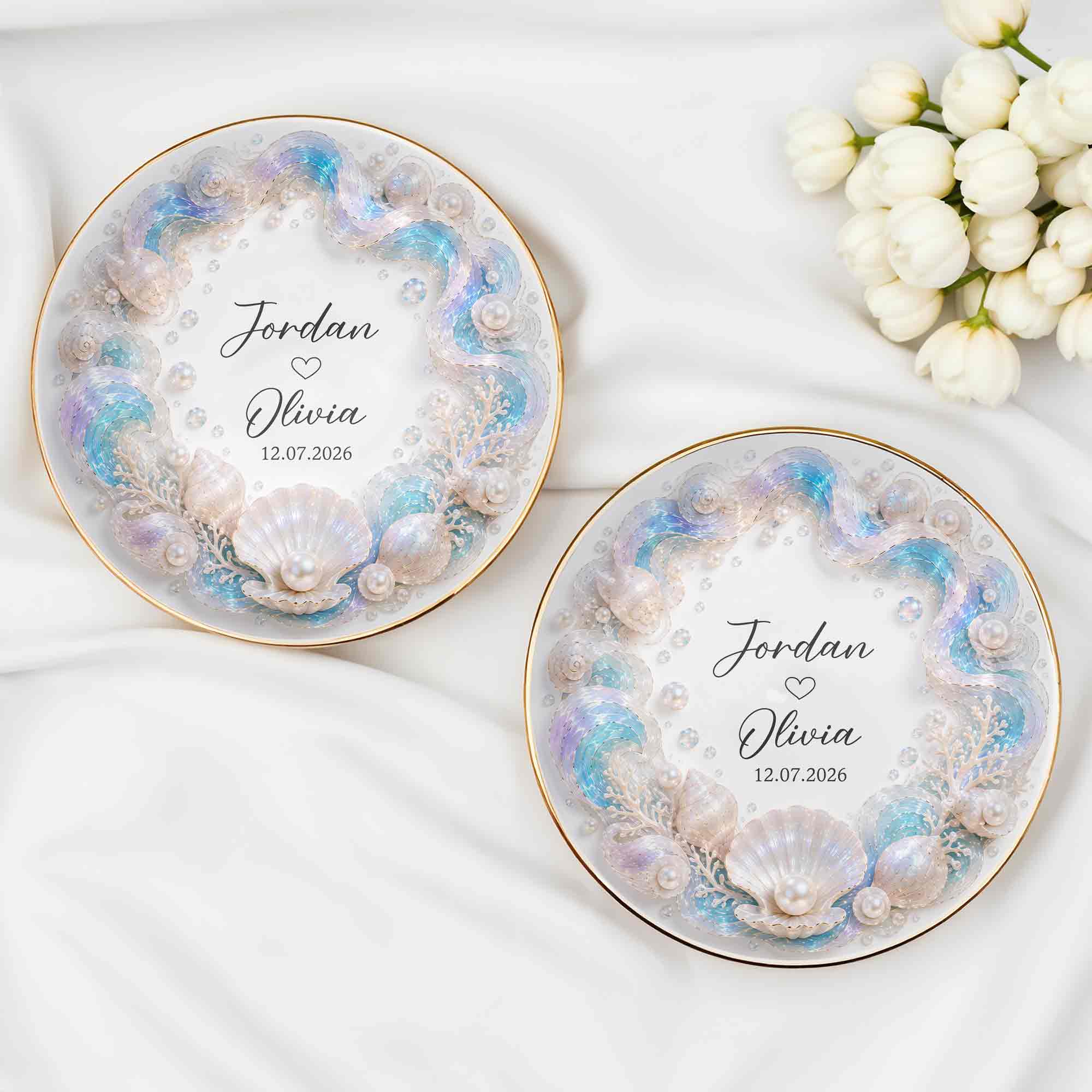 A Love As Deep As The Ocean Seashells Pearls And Waves - Personalized Custom Jewelry Dish, Ceramic Dish, Round Shape - CPL1635_RCRF