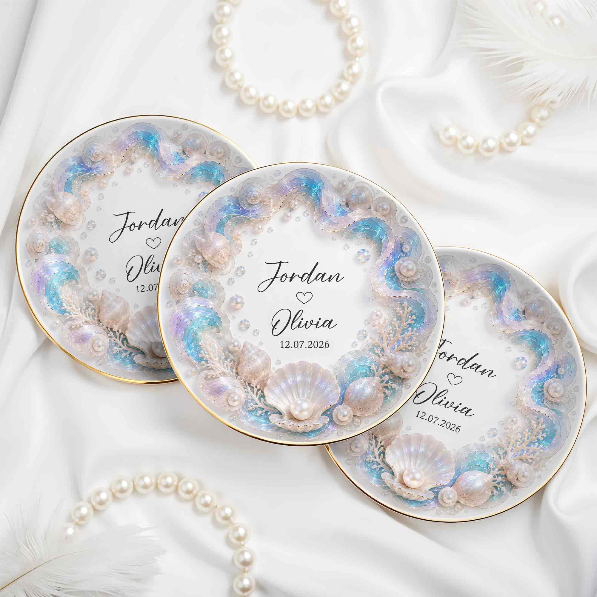 A Love As Deep As The Ocean Seashells Pearls And Waves - Personalized Custom Jewelry Dish, Ceramic Dish, Round Shape - CPL1635_RCRF