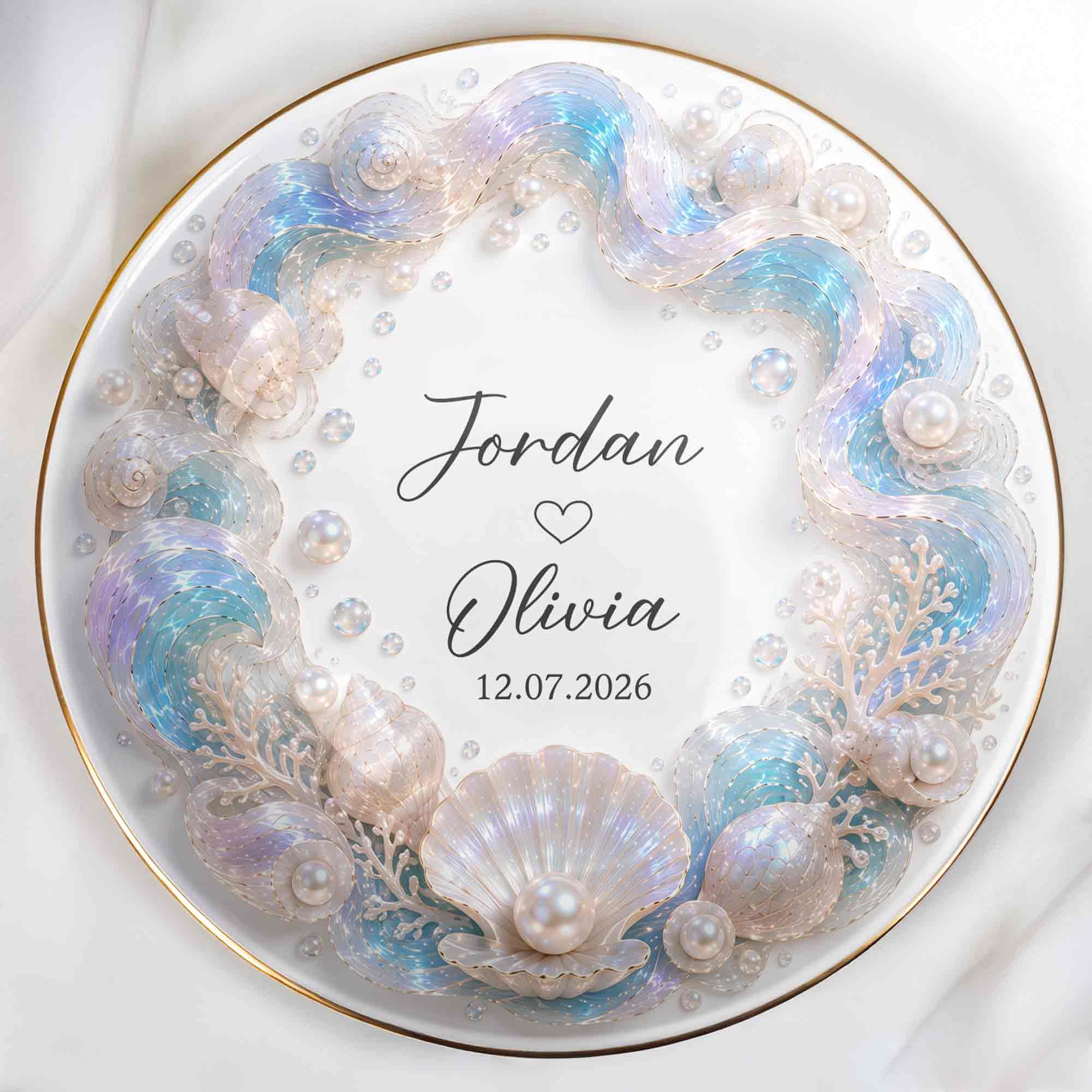 A Love As Deep As The Ocean Seashells Pearls And Waves - Personalized Custom Jewelry Dish, Ceramic Dish, Round Shape - CPL1635_RCRF