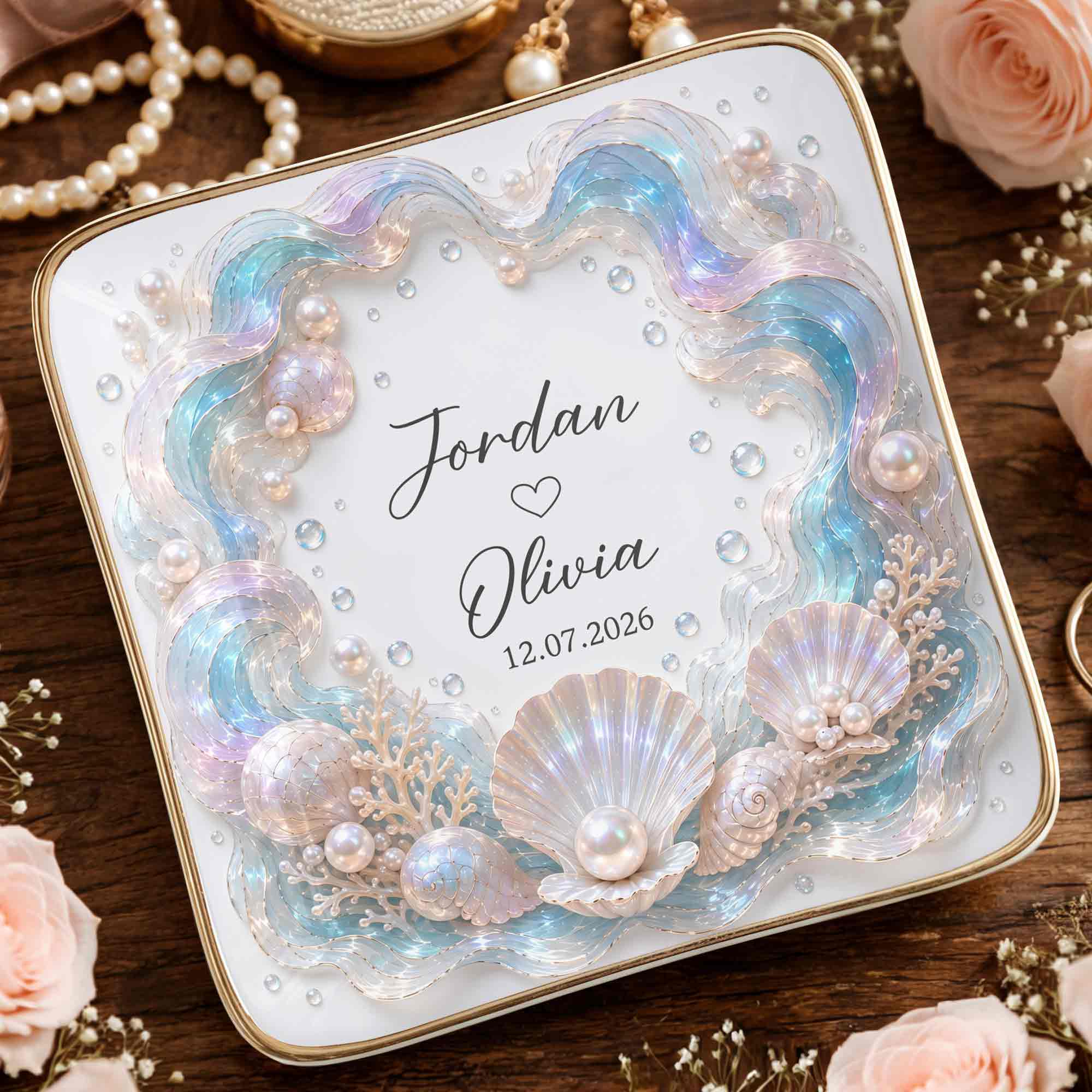 Our Love Is Deeper Than The Ocean Seashells And Mother Of Pearl - Personalized Custom Jewelry Dish, Ceramic Dish, Square Shape - CPL1635_SCRF