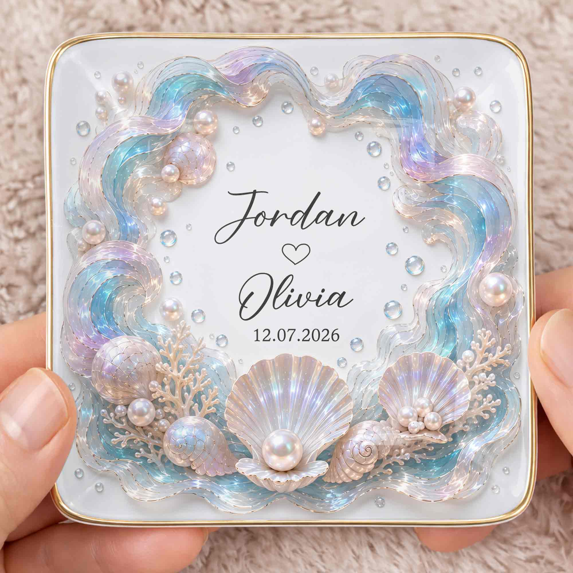 Our Love Is Deeper Than The Ocean Seashells And Mother Of Pearl - Personalized Custom Jewelry Dish, Ceramic Dish, Square Shape - CPL1635_SCRF