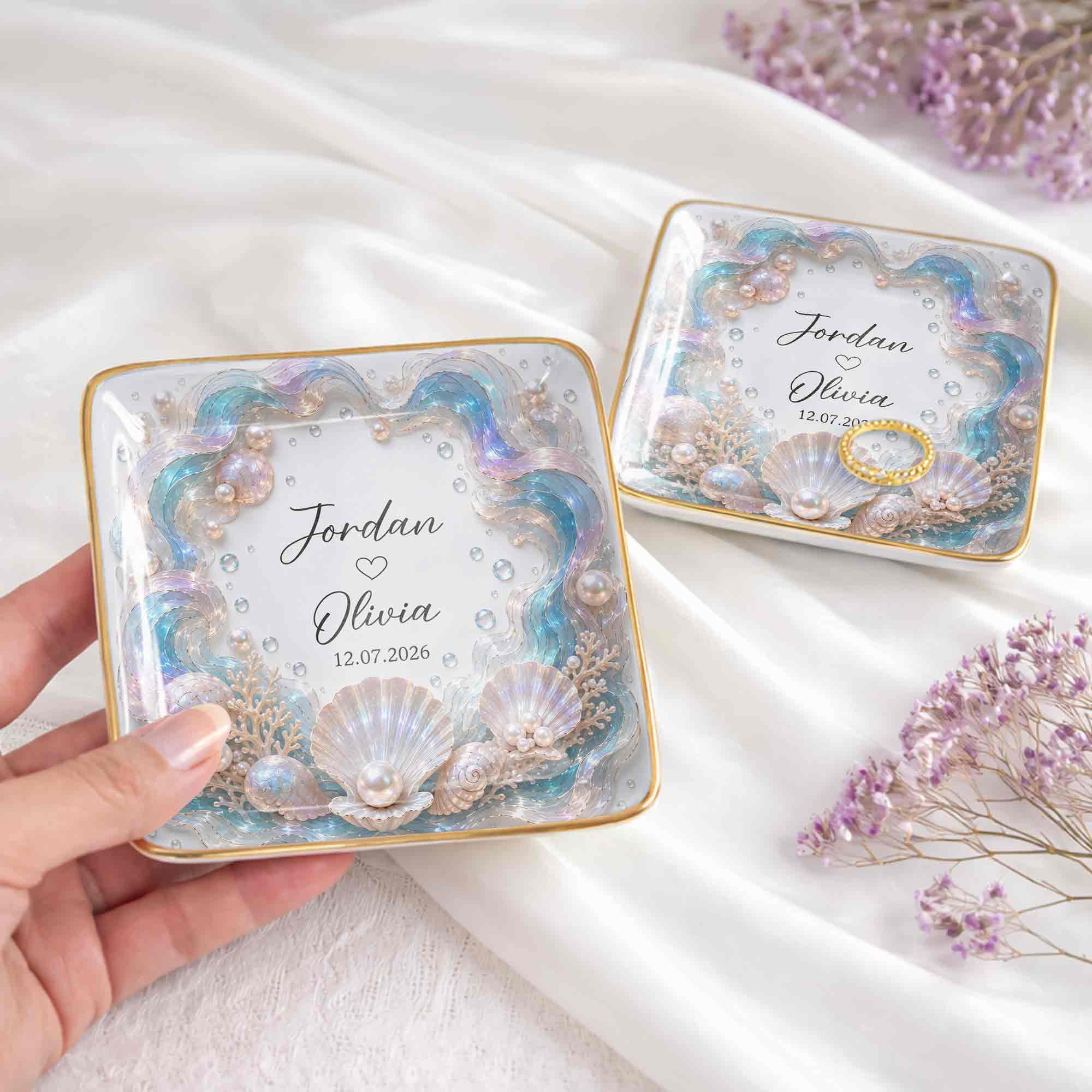 Our Love Is Deeper Than The Ocean Seashells And Mother Of Pearl - Personalized Custom Jewelry Dish, Ceramic Dish, Square Shape - CPL1635_SCRF