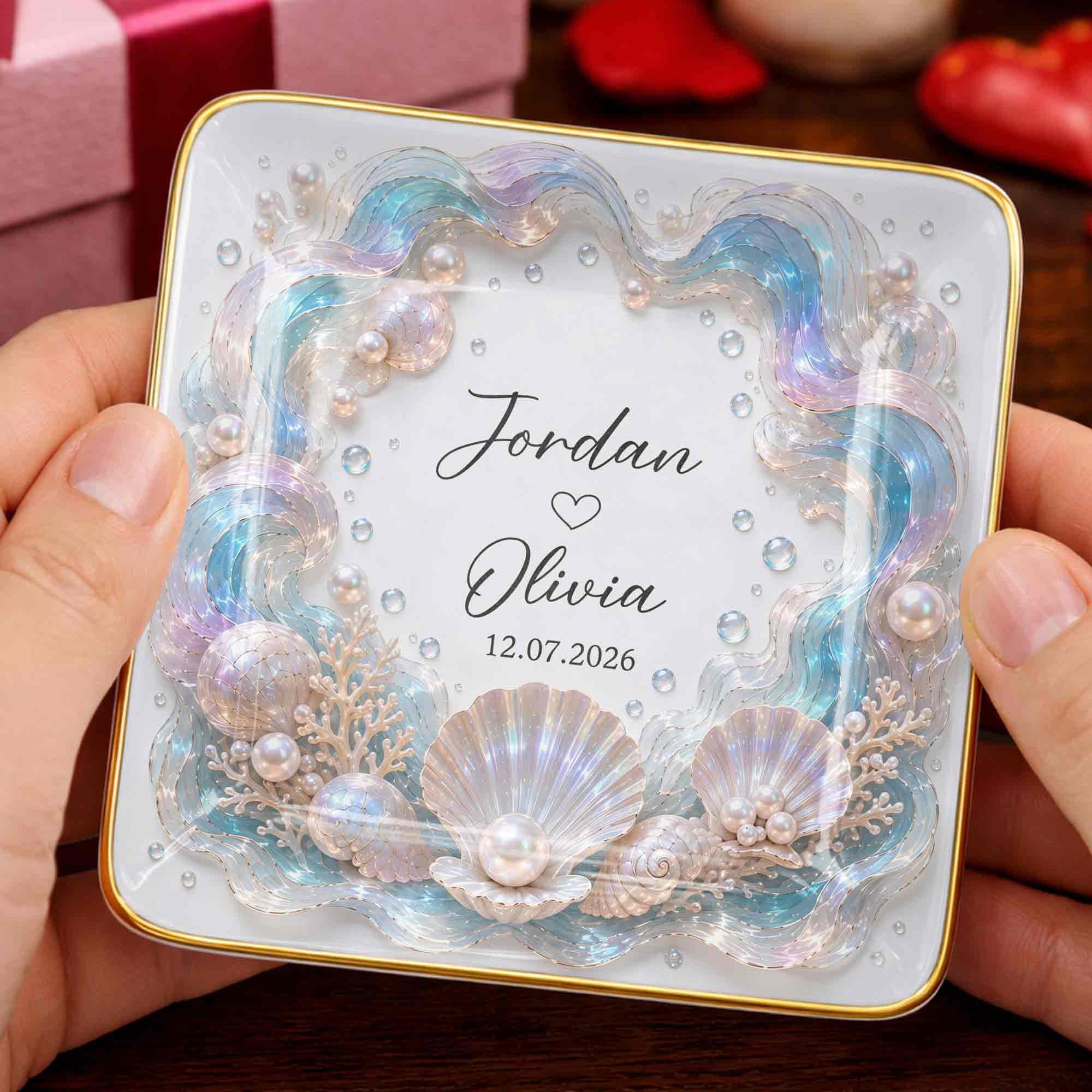 Our Love Is Deeper Than The Ocean Seashells And Mother Of Pearl - Personalized Custom Jewelry Dish, Ceramic Dish, Square Shape - CPL1635_SCRF
