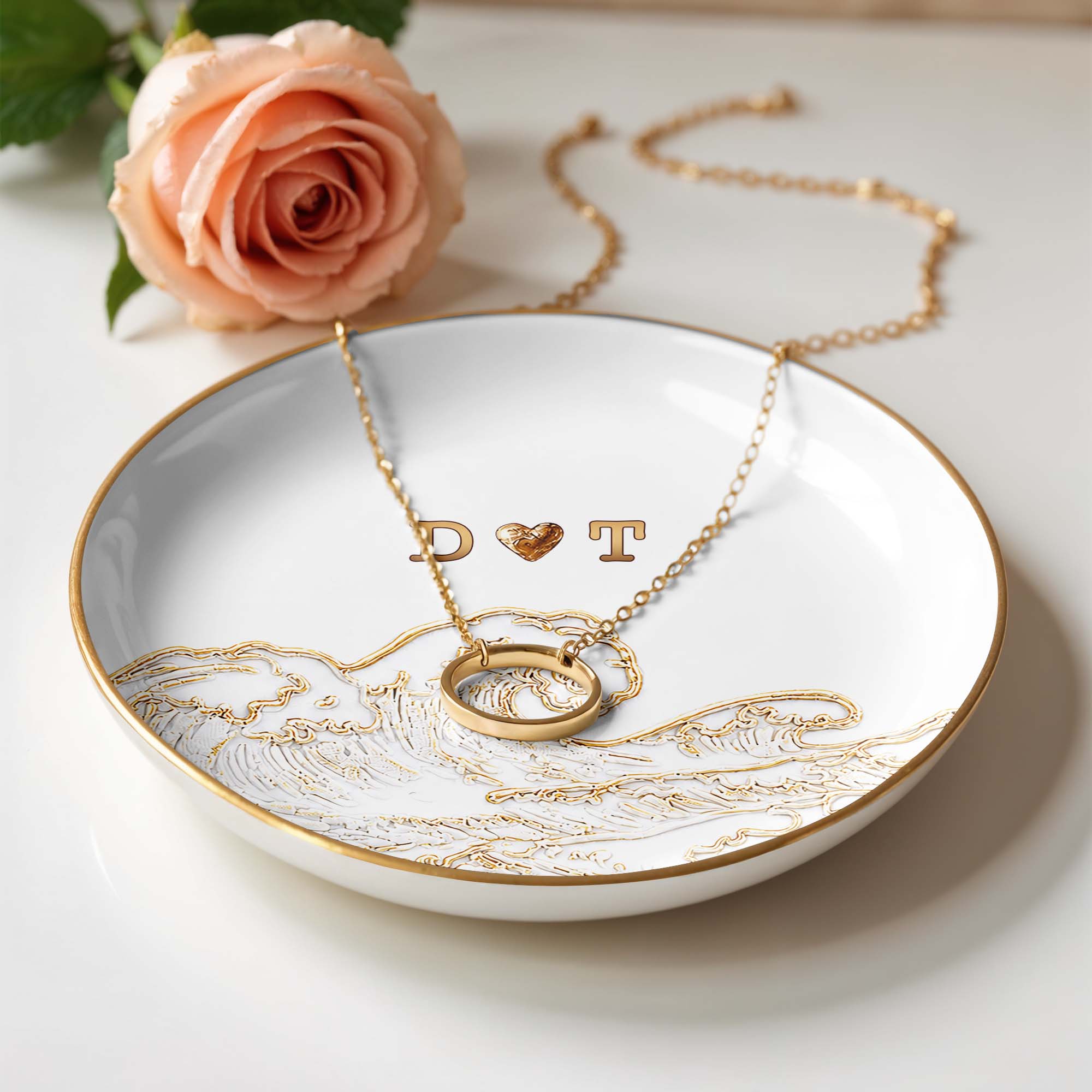 Riding The Waves Of Love Together Forever Ocean Wave And Heart - Personalized Custom Jewelry Dish, Ceramic Dish, Round Shape - CPL1661_RCRF