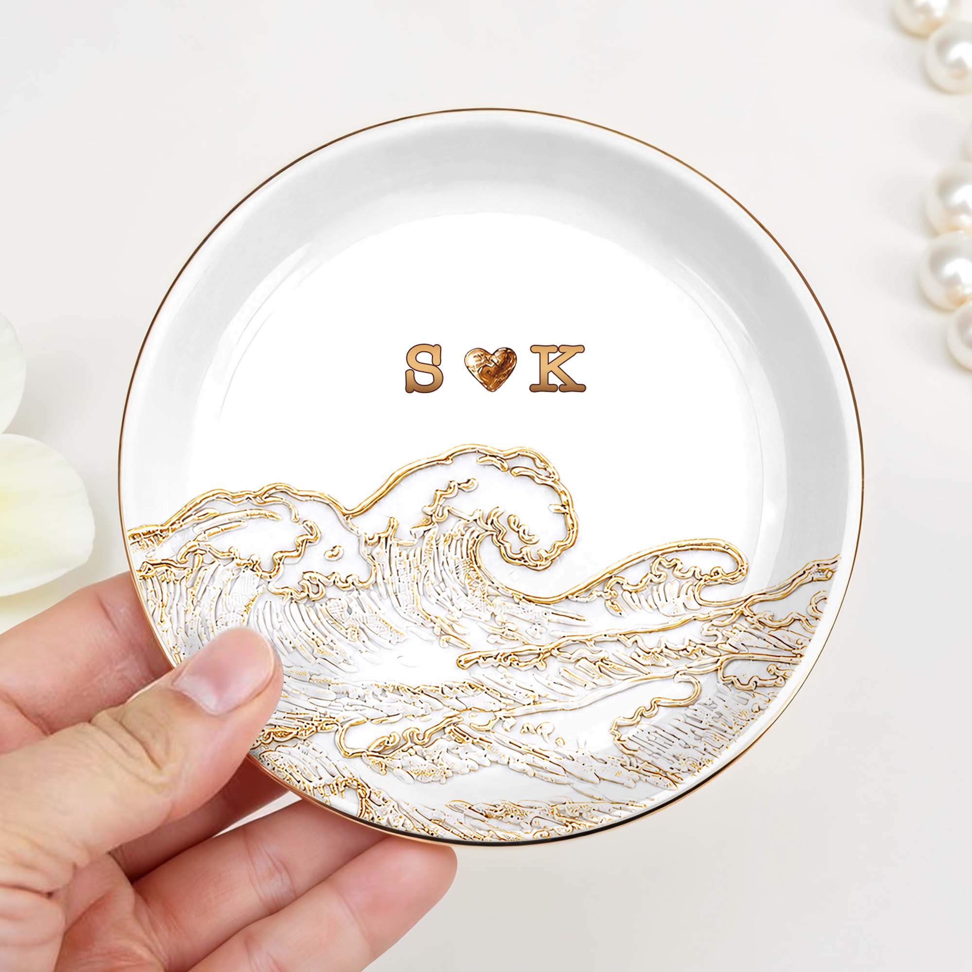 Riding The Waves Of Love Together Forever Ocean Wave And Heart - Personalized Custom Jewelry Dish, Ceramic Dish, Round Shape - CPL1661_RCRF