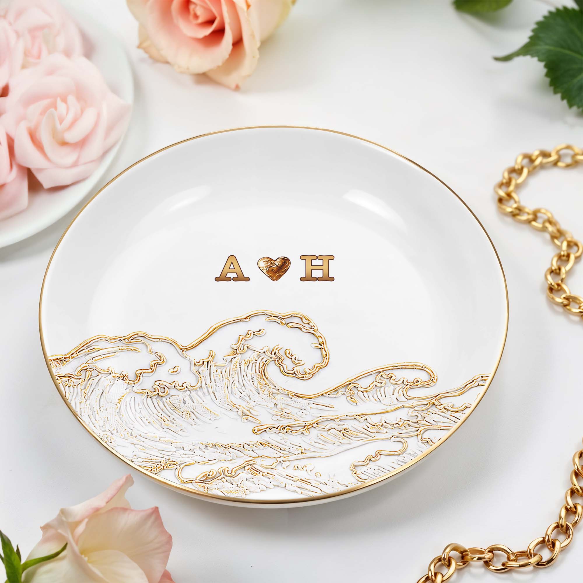Riding The Waves Of Love Together Forever Ocean Wave And Heart - Personalized Custom Jewelry Dish, Ceramic Dish, Round Shape - CPL1661_RCRF