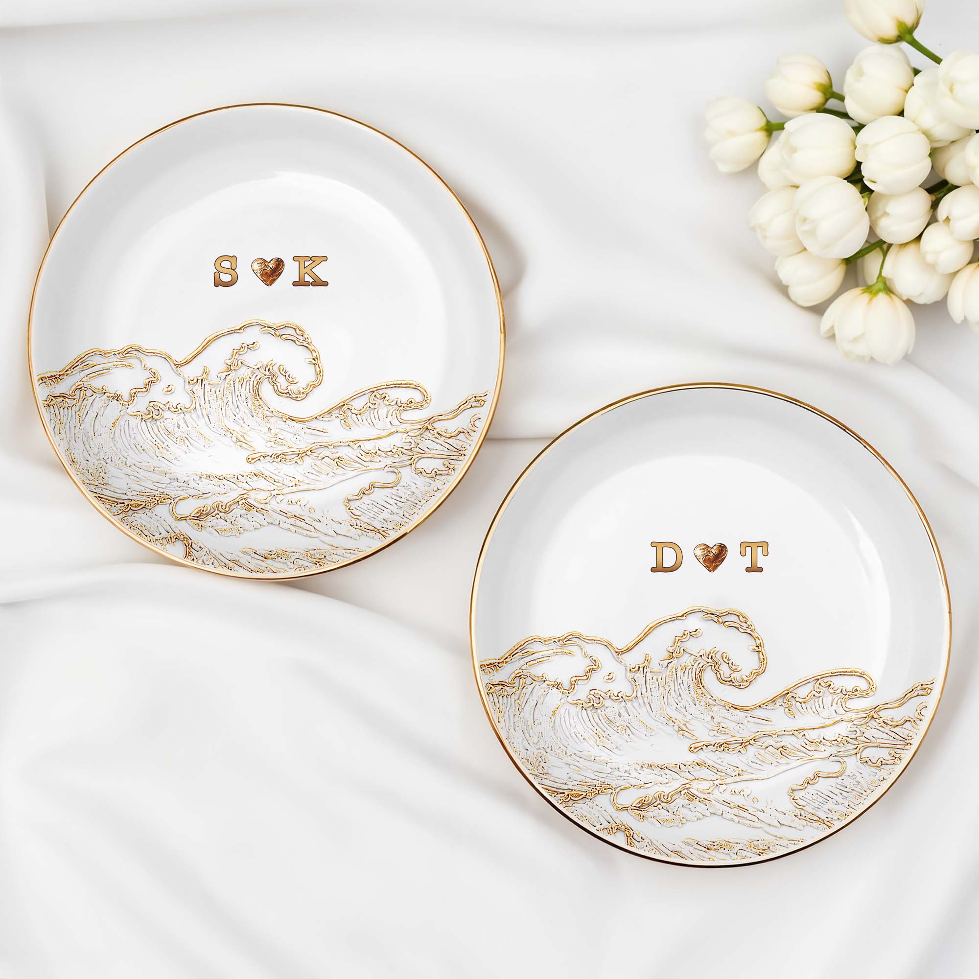 Riding The Waves Of Love Together Forever Ocean Wave And Heart - Personalized Custom Jewelry Dish, Ceramic Dish, Round Shape - CPL1661_RCRF