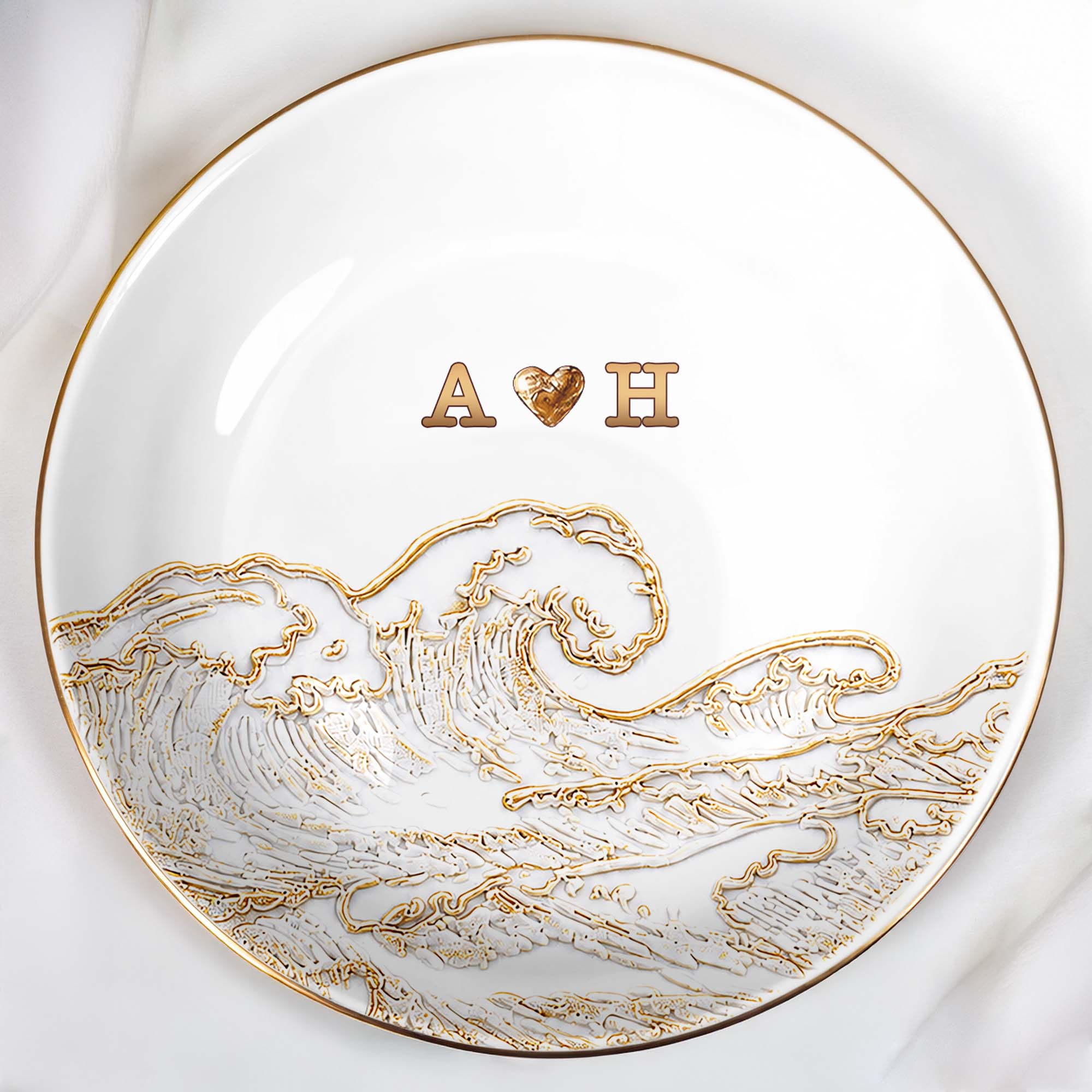 Riding The Waves Of Love Together Forever Ocean Wave And Heart - Personalized Custom Jewelry Dish, Ceramic Dish, Round Shape - CPL1661_RCRF