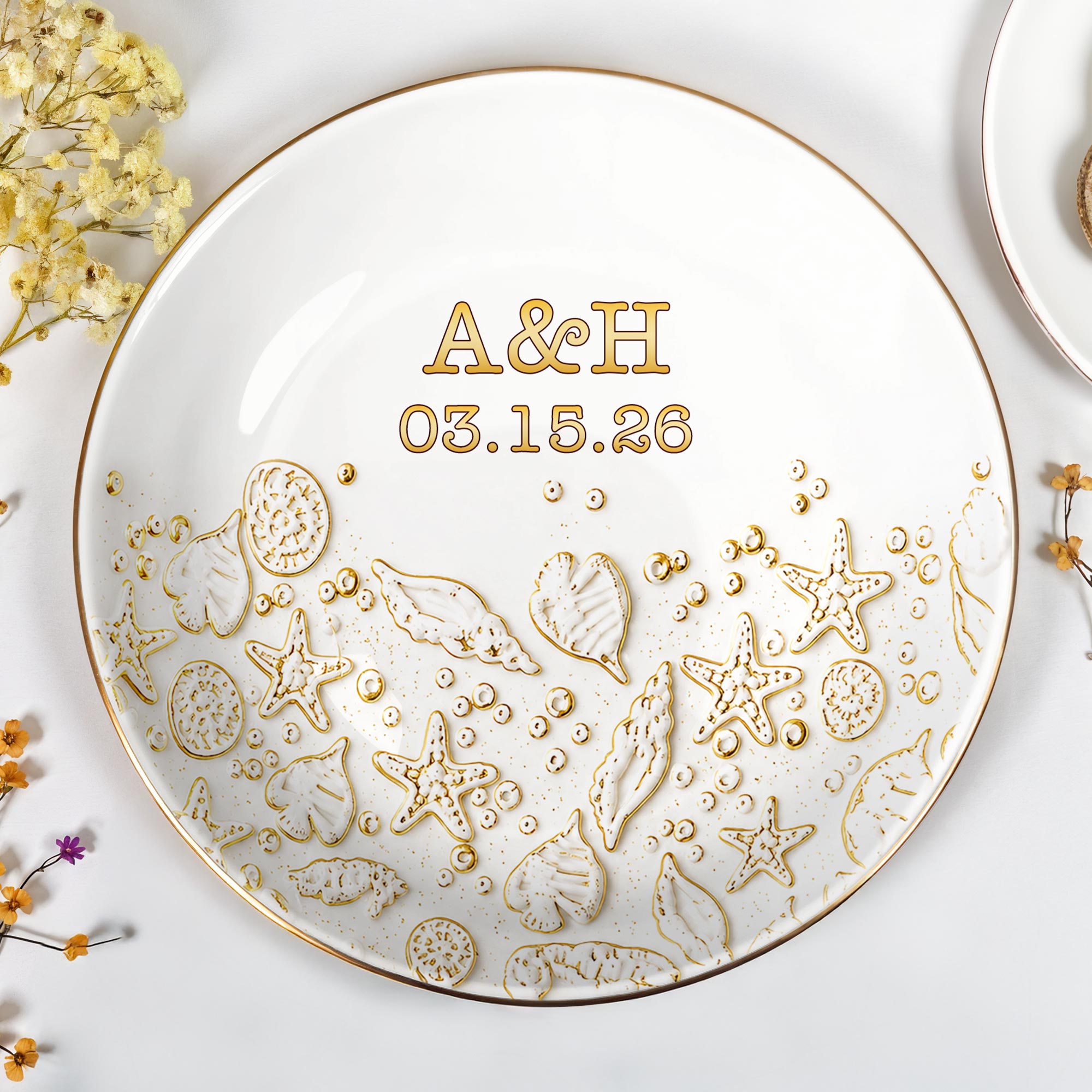 Our Special Day At The Beach With Starfish And Shells - Personalized Custom Jewelry Dish, Ceramic Dish, Round Shape - CPL1662_RCRF