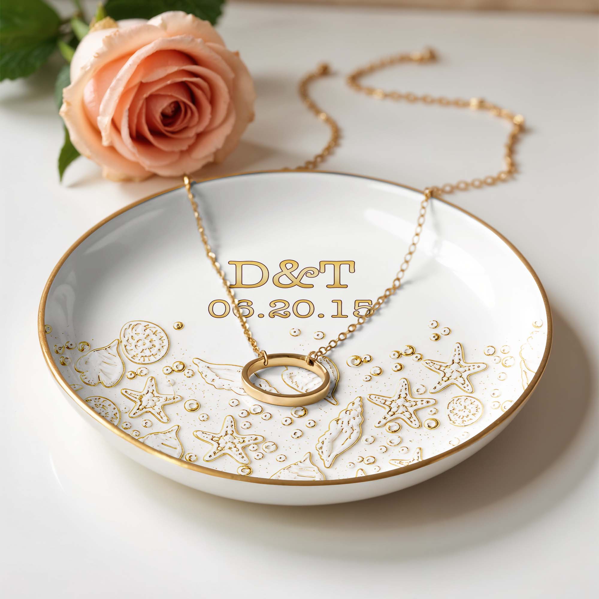Our Special Day At The Beach With Starfish And Shells - Personalized Custom Jewelry Dish, Ceramic Dish, Round Shape - CPL1662_RCRF