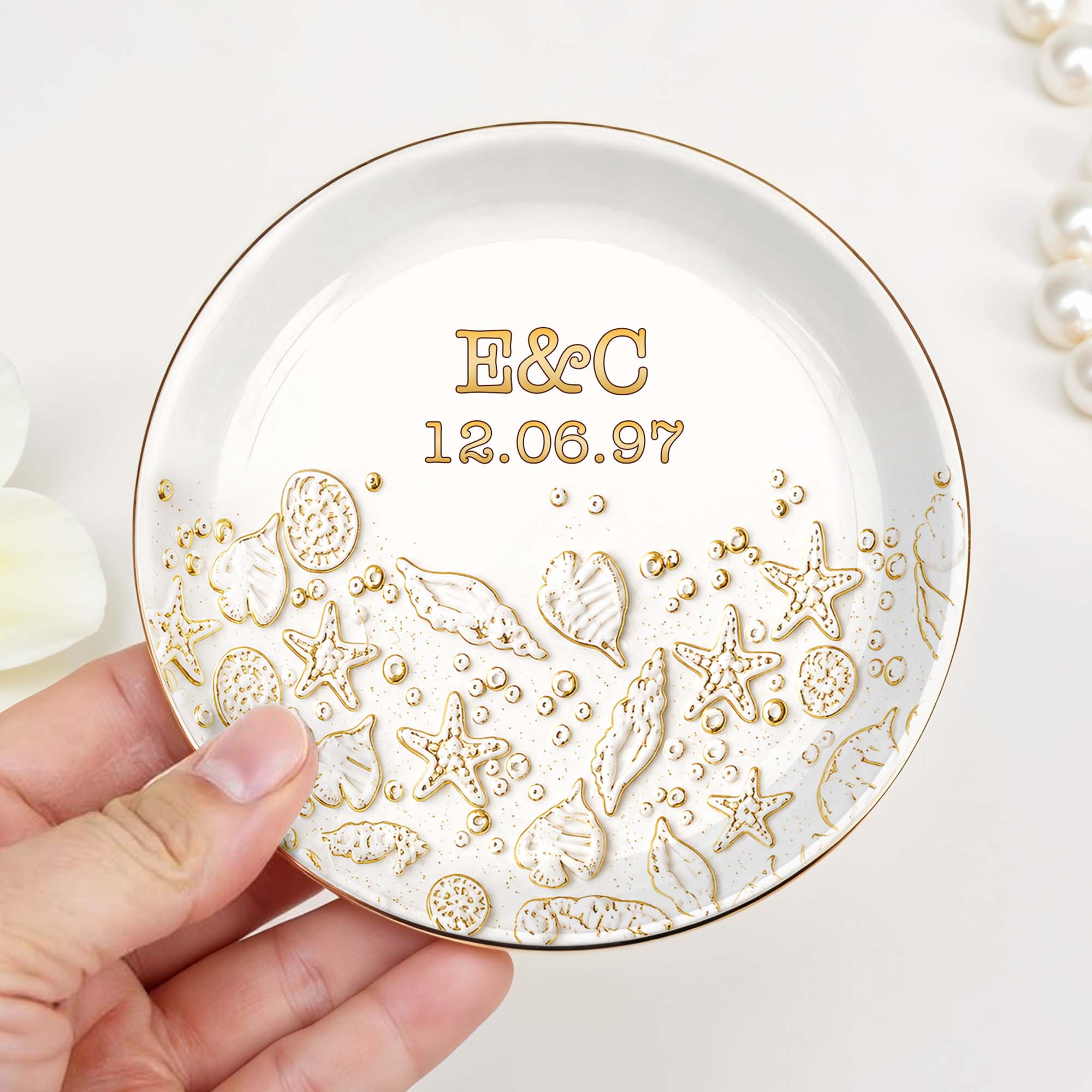 Our Special Day At The Beach With Starfish And Shells - Personalized Custom Jewelry Dish, Ceramic Dish, Round Shape - CPL1662_RCRF