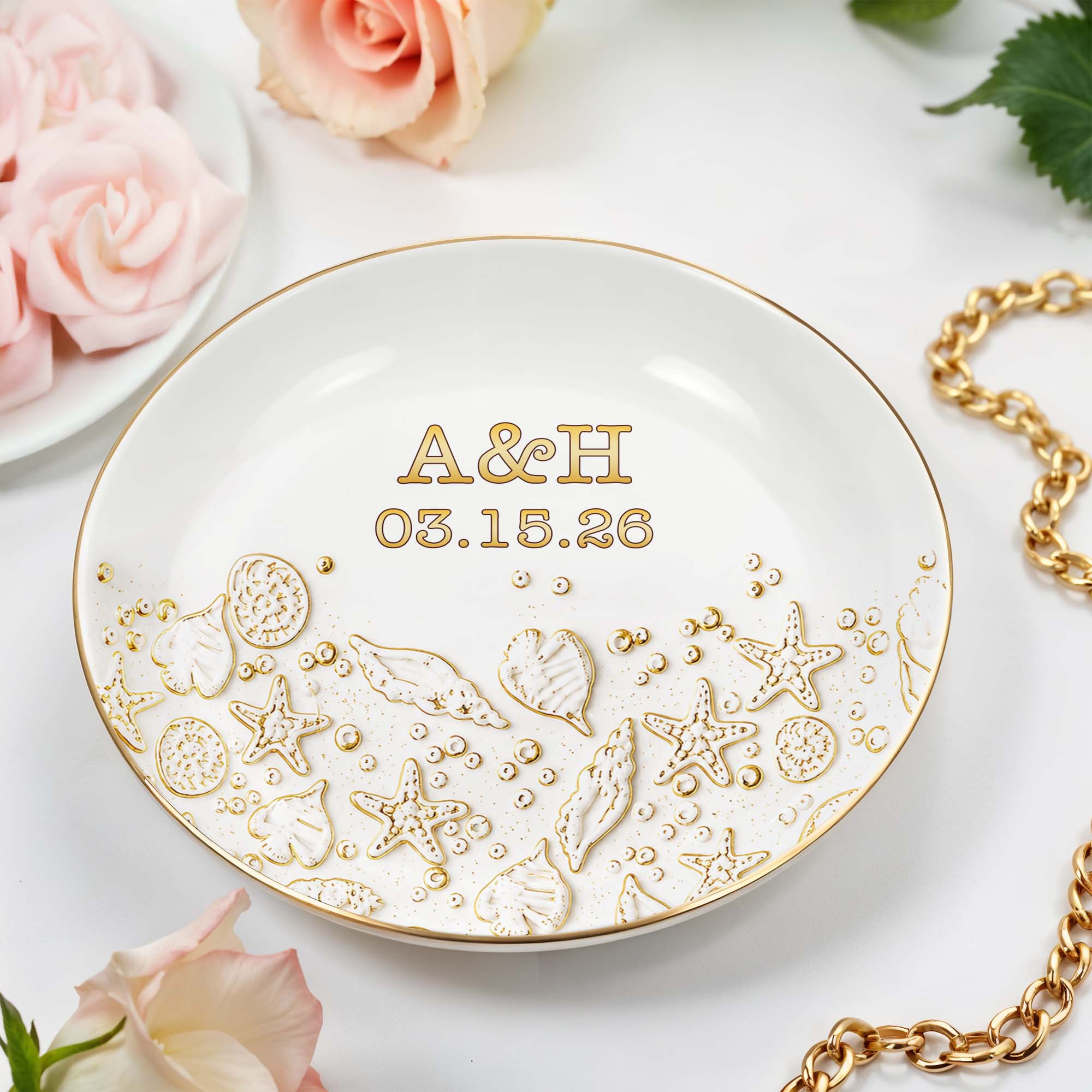 Our Special Day At The Beach With Starfish And Shells - Personalized Custom Jewelry Dish, Ceramic Dish, Round Shape - CPL1662_RCRF