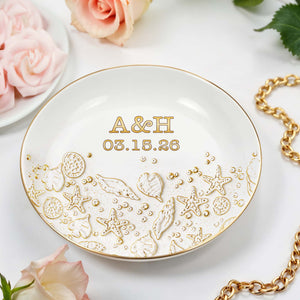 Our Special Day At The Beach With Starfish And Shells - Personalized Custom Jewelry Dish, Ceramic Dish, Round Shape - CPL1662_RCRF