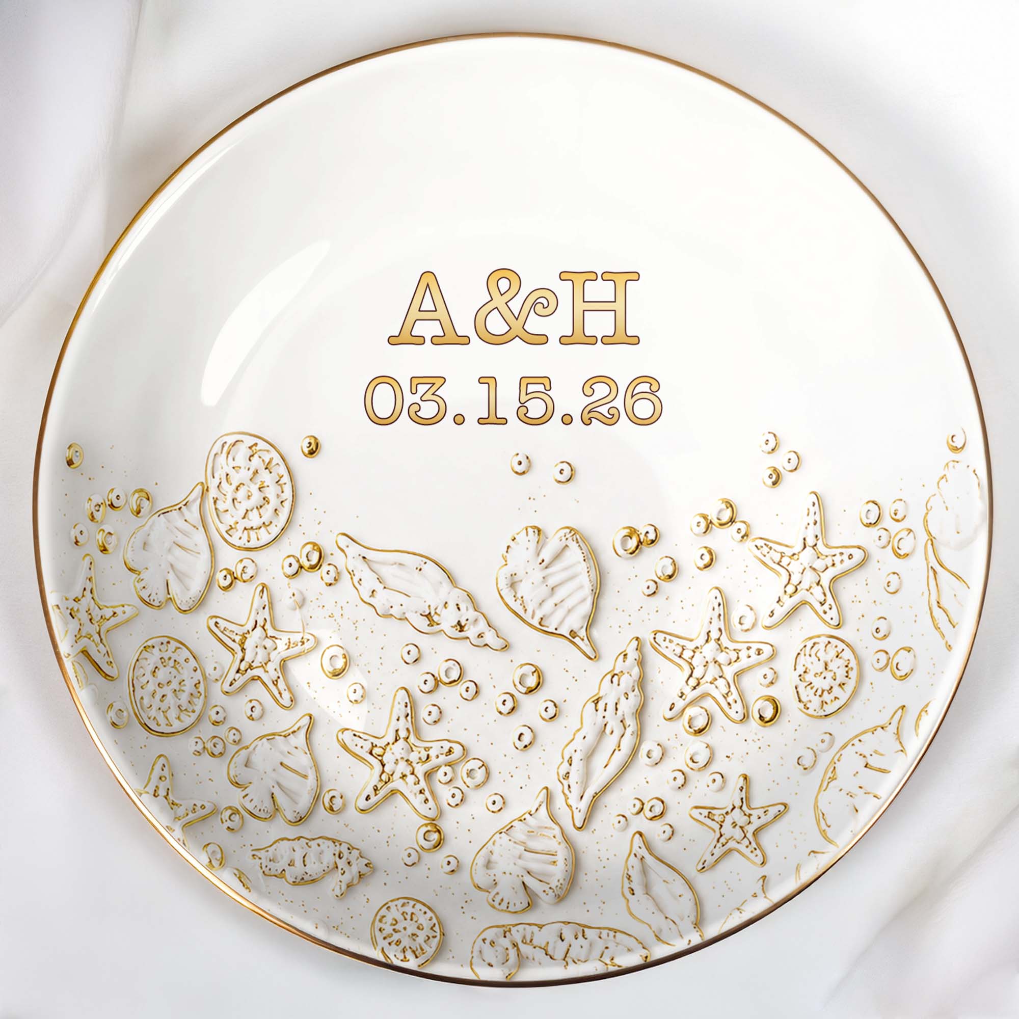 Our Special Day At The Beach With Starfish And Shells - Personalized Custom Jewelry Dish, Ceramic Dish, Round Shape - CPL1662_RCRF